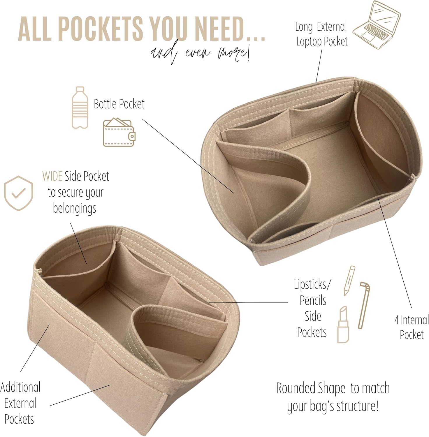 Divitize Premium Purse Organizer compatible with Petit Flot Bucket Bag Insert — Perfect Fit, Durable Quality Felt, Full Coverage & No Bulky Effect, +24 Shades (For Petit Flot PM, Beige)