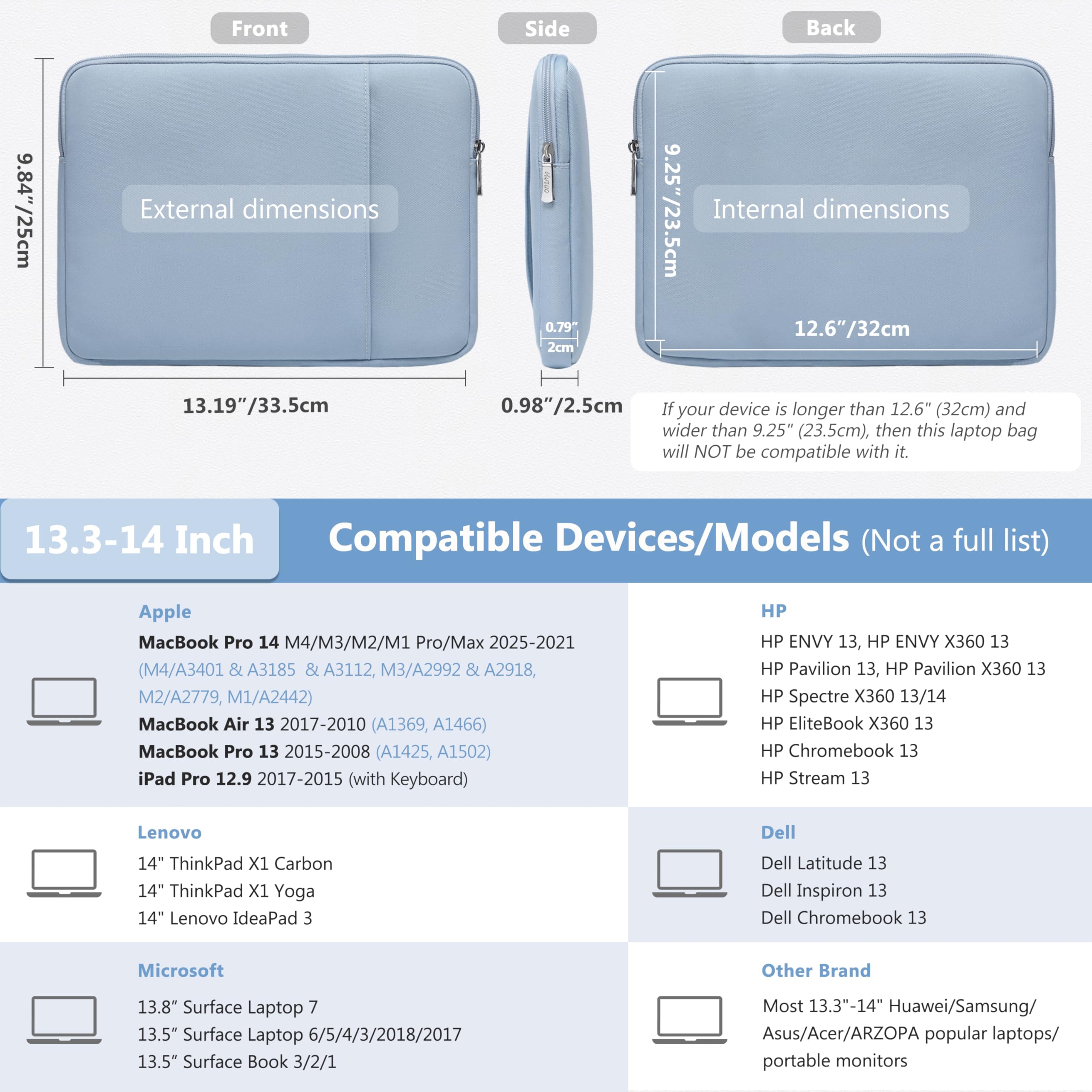 HYZUO 13,3-14 Pollici Custodie per Portatili per MacBook Pro 14 M4/M3/M2/M1, MacBook Air/Pro 13,3, 13,5"/13,8" Surface Book/Laptop, notebook 13,3" HP Dell Lenovo Asus Acer, Blu Pallido