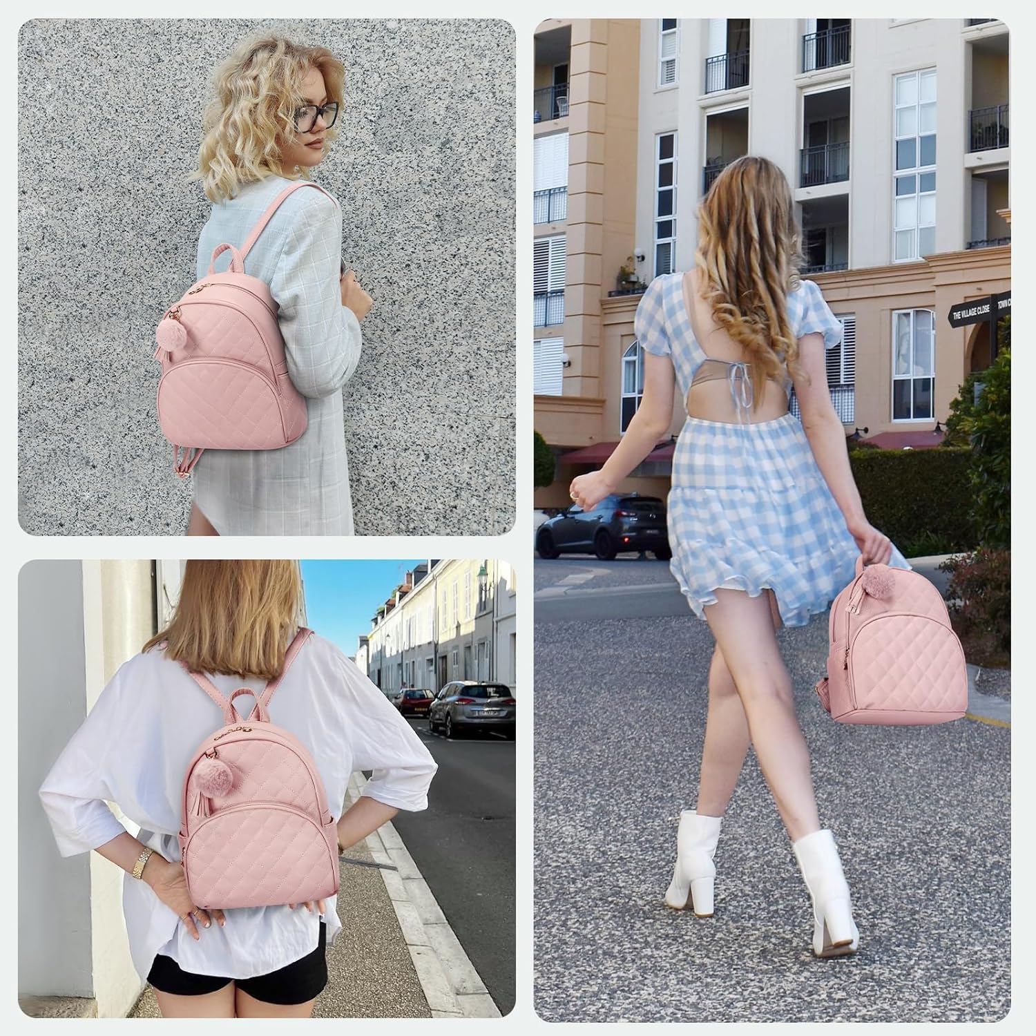 ECOSUSI Mini Backpack for Women Leather Small Backpack Purse for Ladies Cute Pom Bookbag Travel Shoulder Bag with Charm Tassel Pink - Image 6