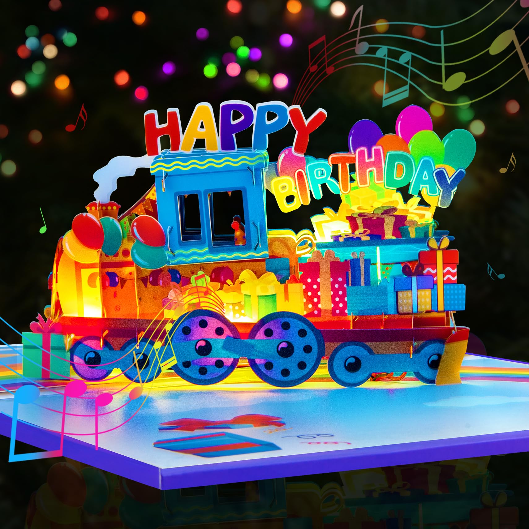 GREETING ART Geburtstagskarte mit Zug,Pop-Up Geburtstagskarte mit Musik & Licht, Musikalische 3D Geschenkkarte mit Happy Birthday Song für Frauen, Männer und Kinder