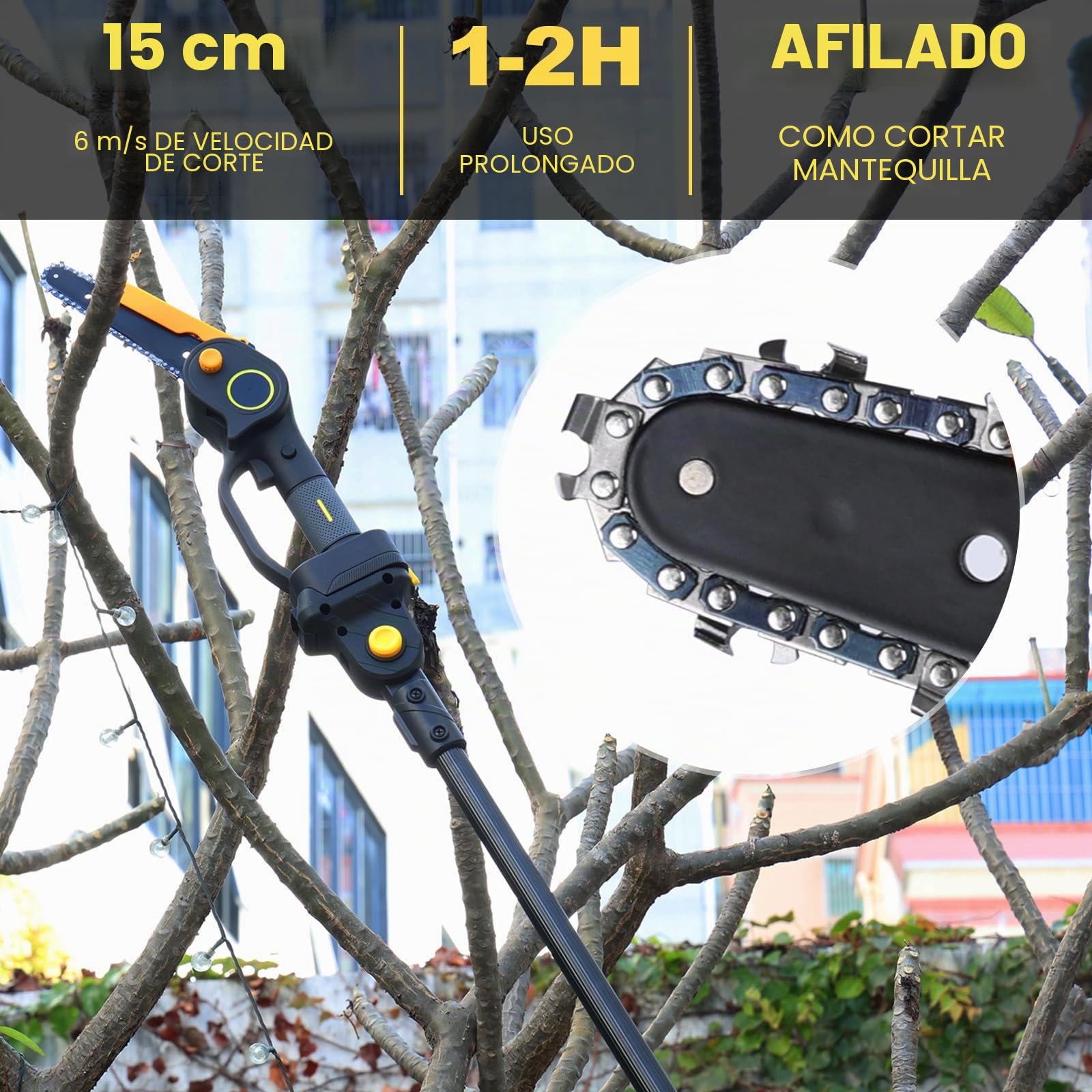 Podadora eléctrica 2 en 1 y motosierra eléctrica de 6 pulgadas, con batería, 2 x 2000 mAh, motor sin escobillas, sierra de podar telescópica, con mango telescópico de hasta 3,5 m de altura