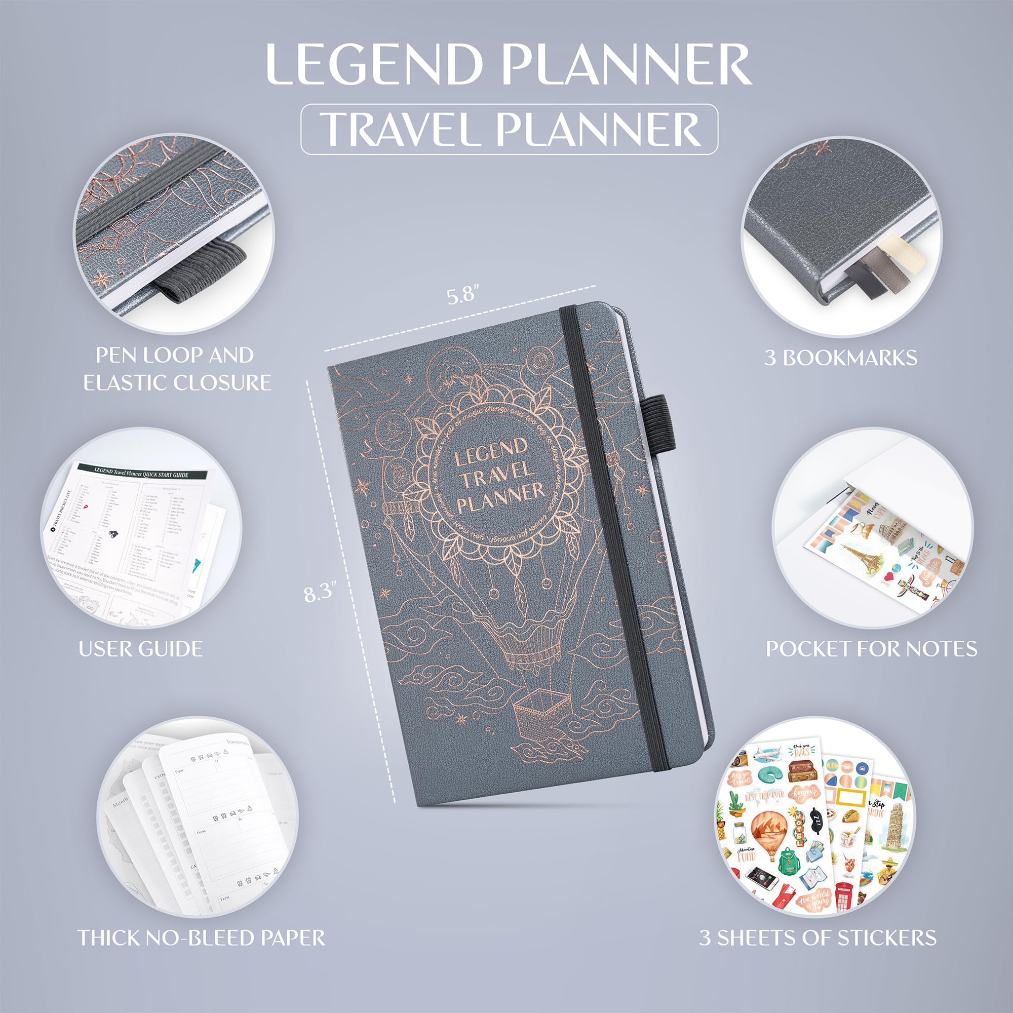 Legend Travel Planner - Vacation Itinerary Organizer - Travelling Journal for Women Men & Couples - Traveling Log, A5 (Mystic Grey) - Image 2