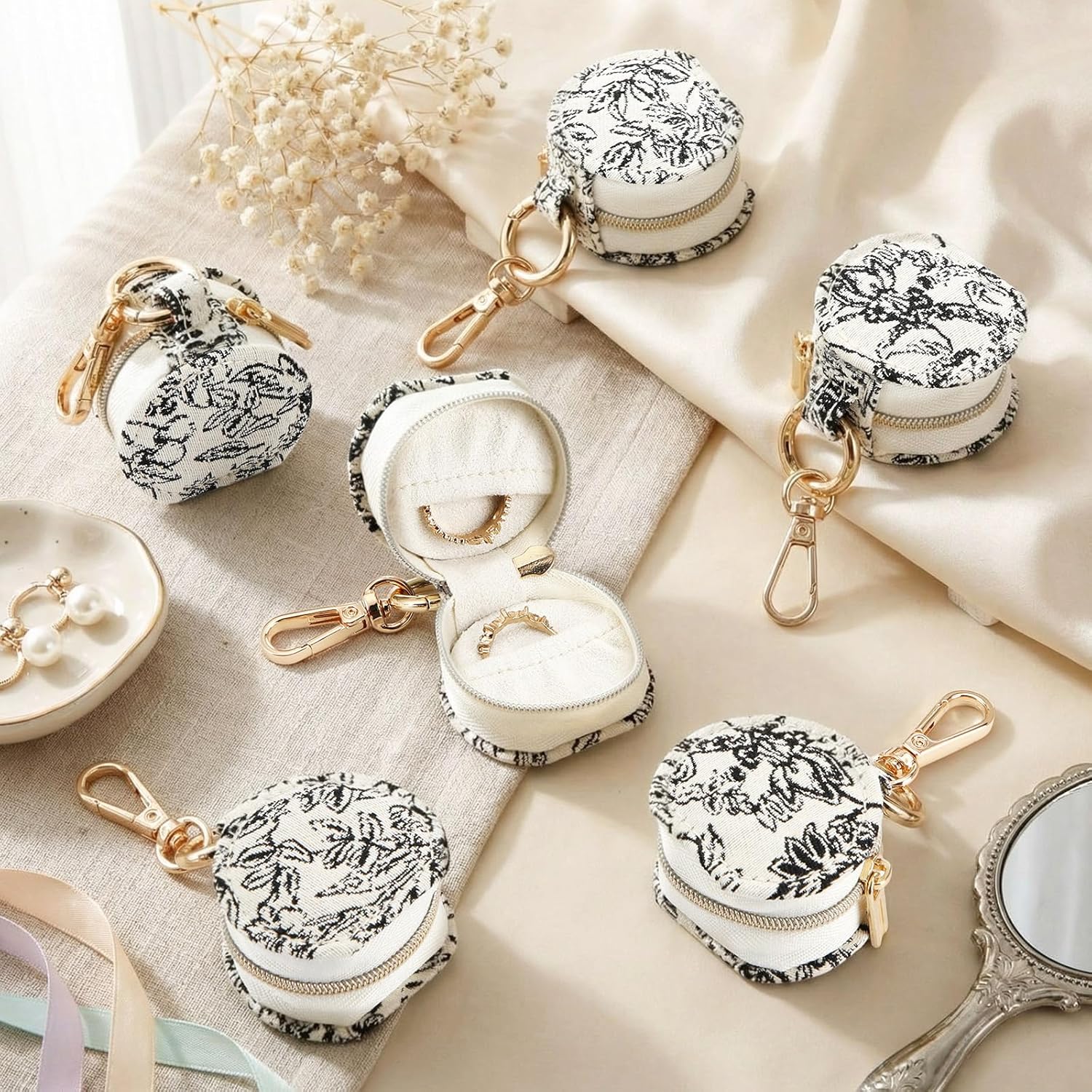 Nosiny 6 Pack Small Travel Ring Holder Keychain Portable Earring Jewelry Box Case Gym Sports Ring Organizer Gifts for Women(White,Black)