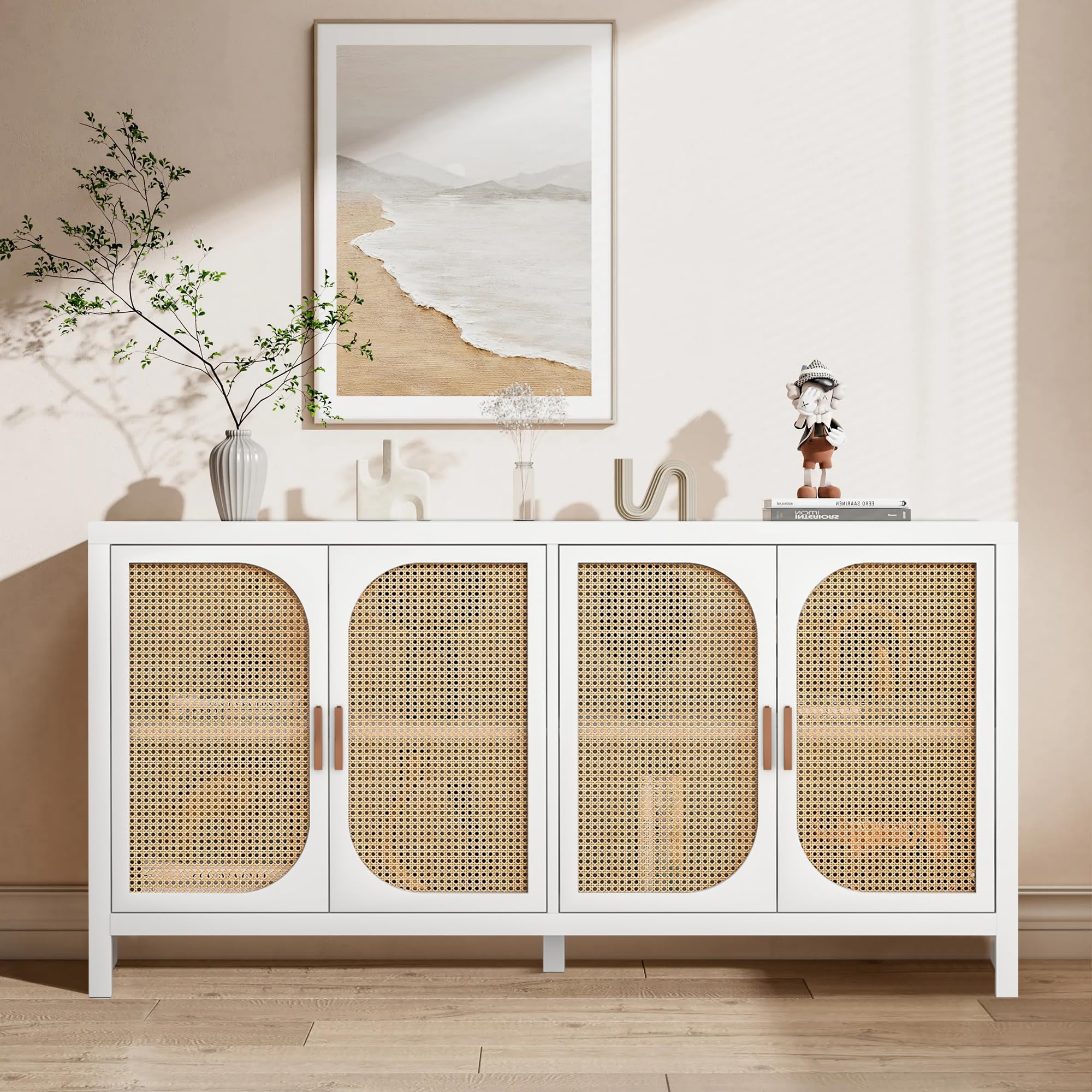 Fiogmub Rattan Sideboard Buffet Cabinet with Storage, Wooden Cabinet with 4 Doors Adjustable Shelves, for Kitchen, Dining Room, Entryway (Snow White)-image-38