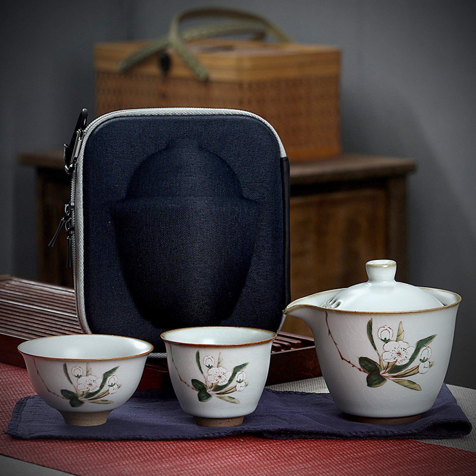 zestaw do herbaty， Chiński ceramiczny podróżny zestaw do herbaty Serwis herbaciany z białej porcelany z torbą podróżną 1 czajniczek 2 filiżanki do herbaty i 1 ściereczka