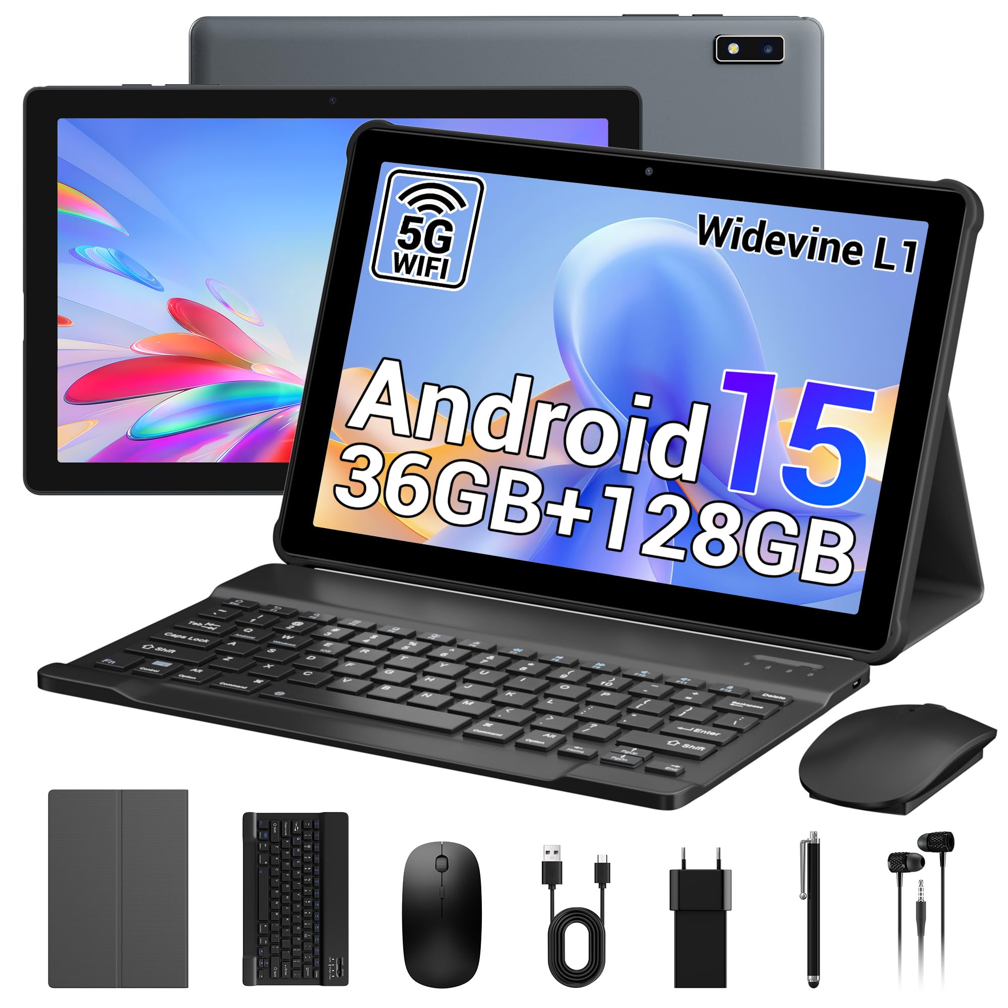 Tablet 10 pollici Android 15, Tablet in offerta con 5G wifi Octa-Core 2.0GHz, 36GB RAM, 128GB ROM (TF 1TB), 8000mAh, Camera 5+8MP, Tablet con tastiera|Mouse|Custodia|auricolari-grigio