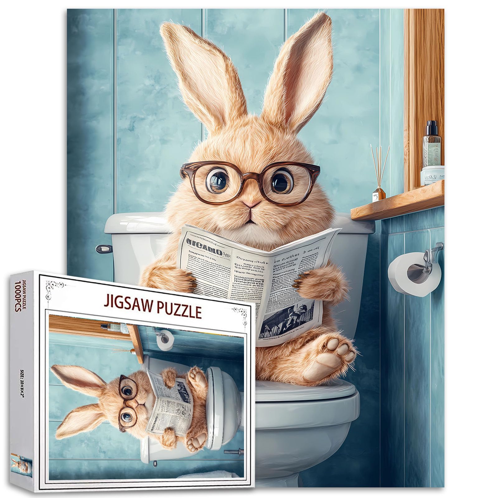 Rabbit Sitting Toilet Seat 1000 Piece Jigsaw Puzzles for Adults Animals Reading Newspaper Puzzles Challenging Family Activity Games Colorful DIY Craft Puzzle for Home Decor Gifts