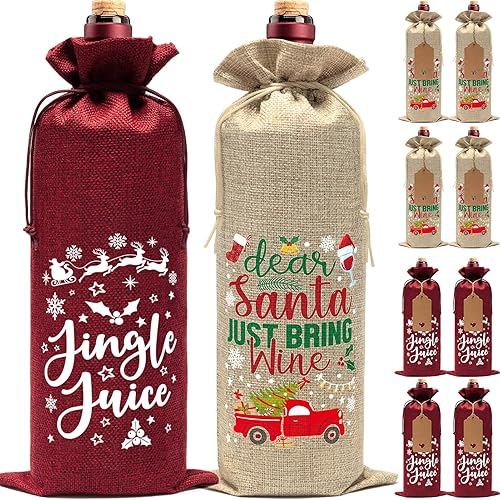 Miniatura 9 de Bolsas de vino de arpillera, bolsas de regalo de vino de Navidad, 10 bolsas para botellas de vino a cuadros de búfalo con cordón, etiqueta y cuerda,