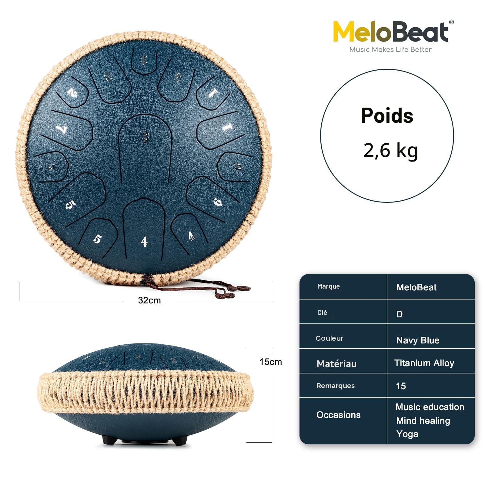 MeloBeat Tongue Drum Handpan - Tambour à Langue 13 Pouces 15 Notes - Ensemble Professionnel de Tambour a Langue en Acier en Ré Majeur Inclus Livre de Chansons de Tambour à Langue, D key (Bleu Foncé)