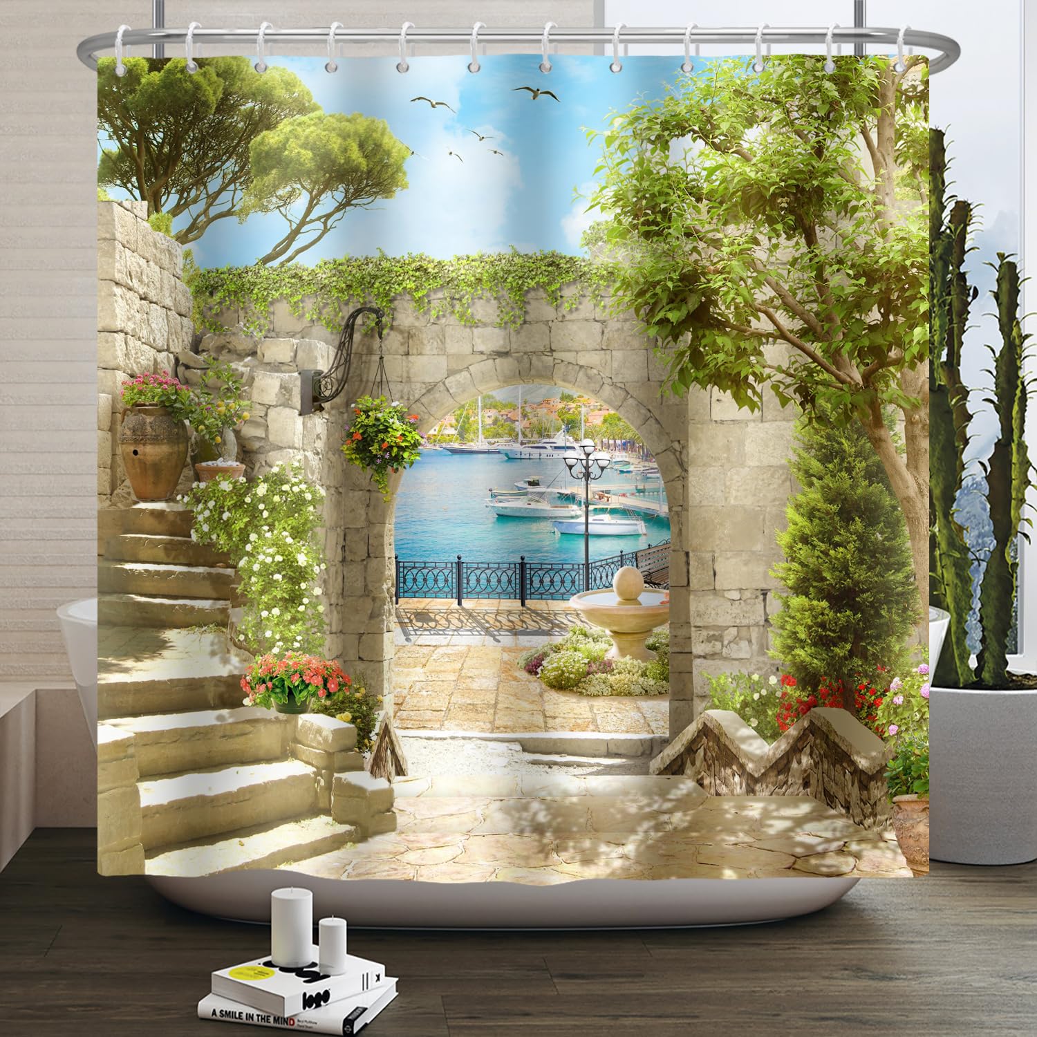 SDOTPMT 60x72inch Garden Arched Door Shower Curtain Green Leaves Seaside Scenery Bath Curtain 3D Print Bathtub Curtain for Women Bathroom Decor Durable and Washable with Hooks — image 1