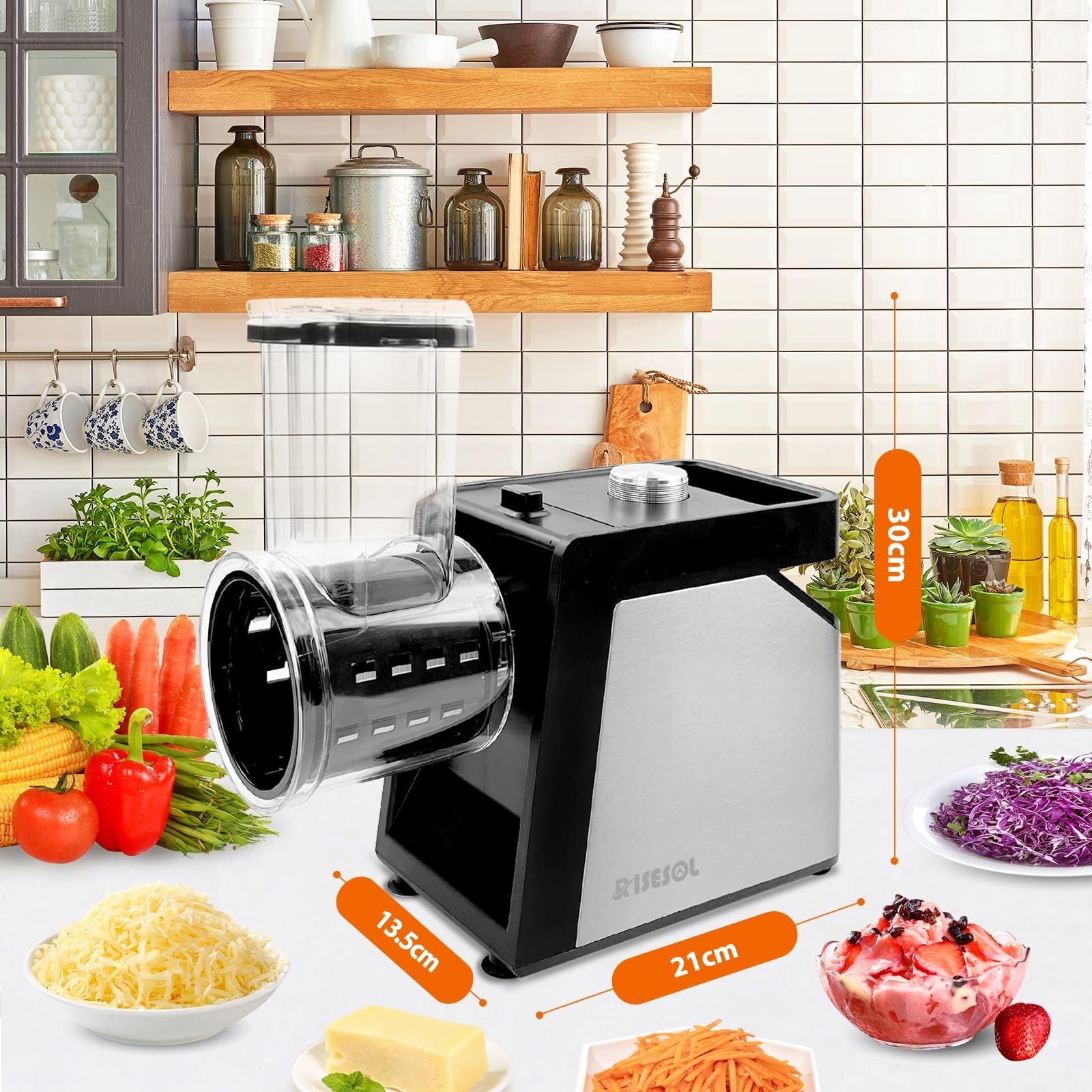 7 en 1 Coupe Légumes Électrique Broyeur à Glace Rape à Fromage Carottes Acier Inox avec 7 Lames 250W Trancheuse de Légumes Professionnel de Cuisine Multifonctions 220V Fiche UE