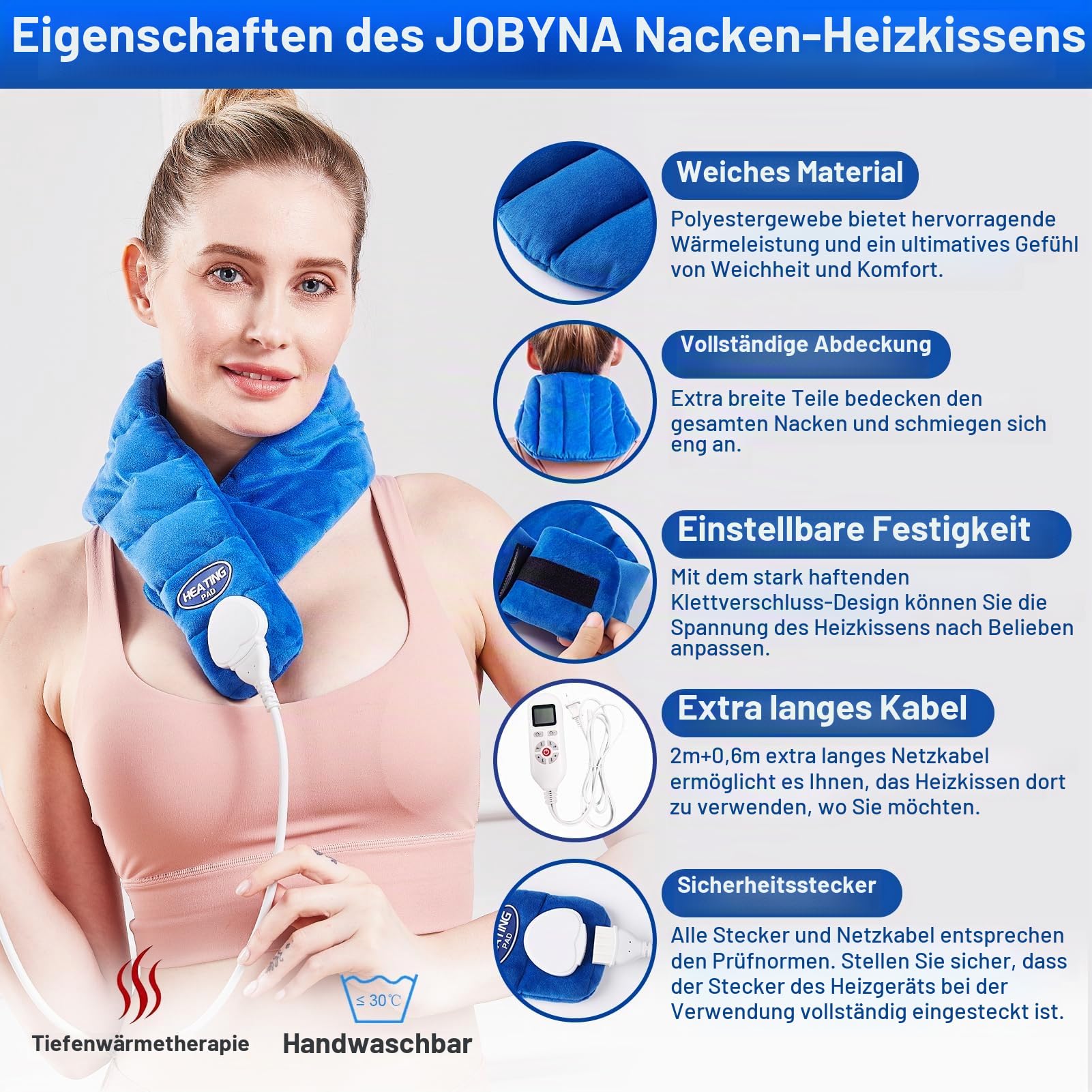 JOBYNA Elektrisch Heizkissen für Nacken, Nackenwärmer 5s Schnelle Erwärmung,30-70℃ & 10-90 Min Abschaltautomatik, Elektrisches Wärmekissen Flanell Geschenke für Mütter, Frauen, Mama, Papa（72 * 16cm）