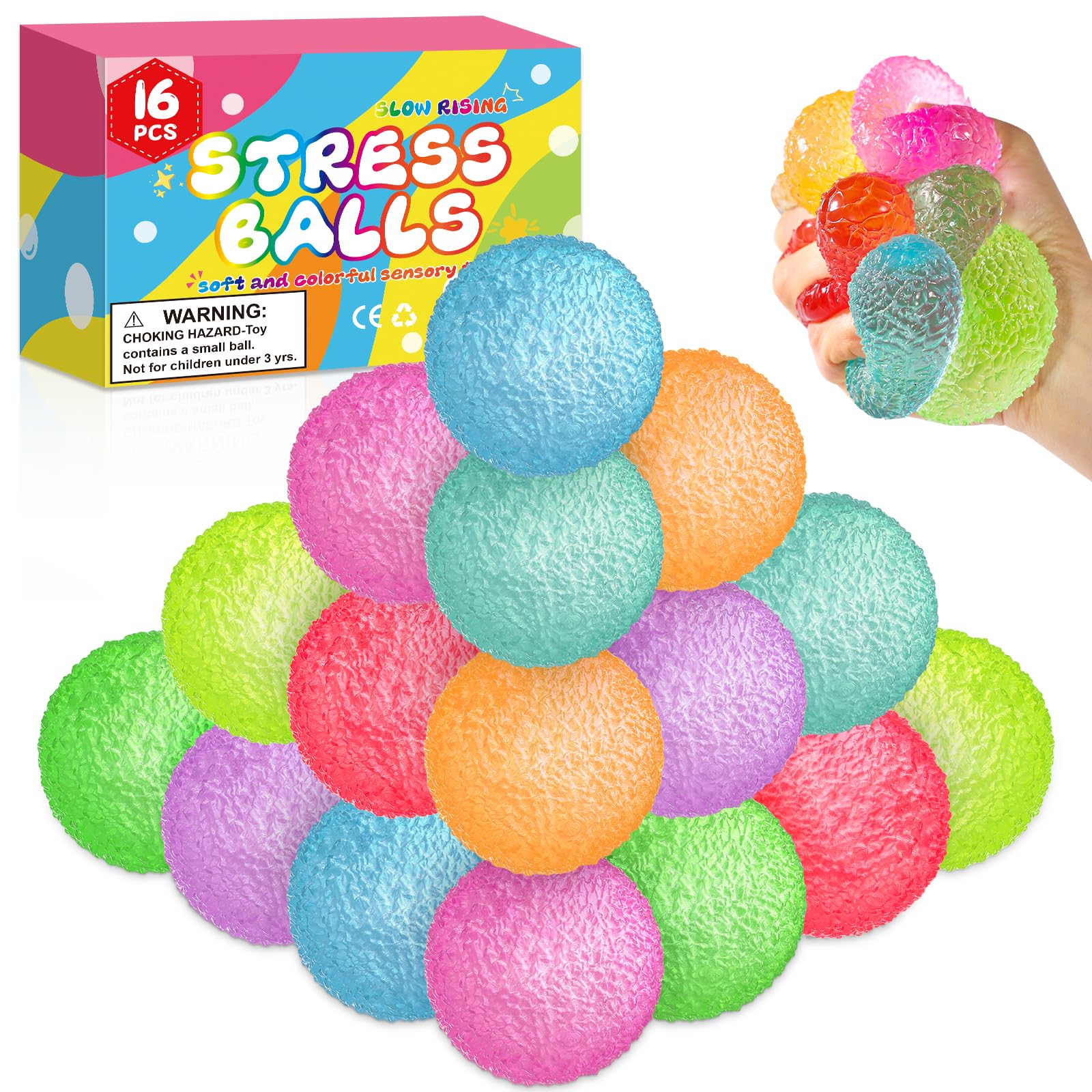 16 Pack Slow Rising Squishy Stress Balls,Textured Memory Soft Stress Ball | Squish Squeeze Toys for Adults Ball, Gumdrop Squishy Toys Bulk for Party Favors Gifts, Desk Toy and Prize