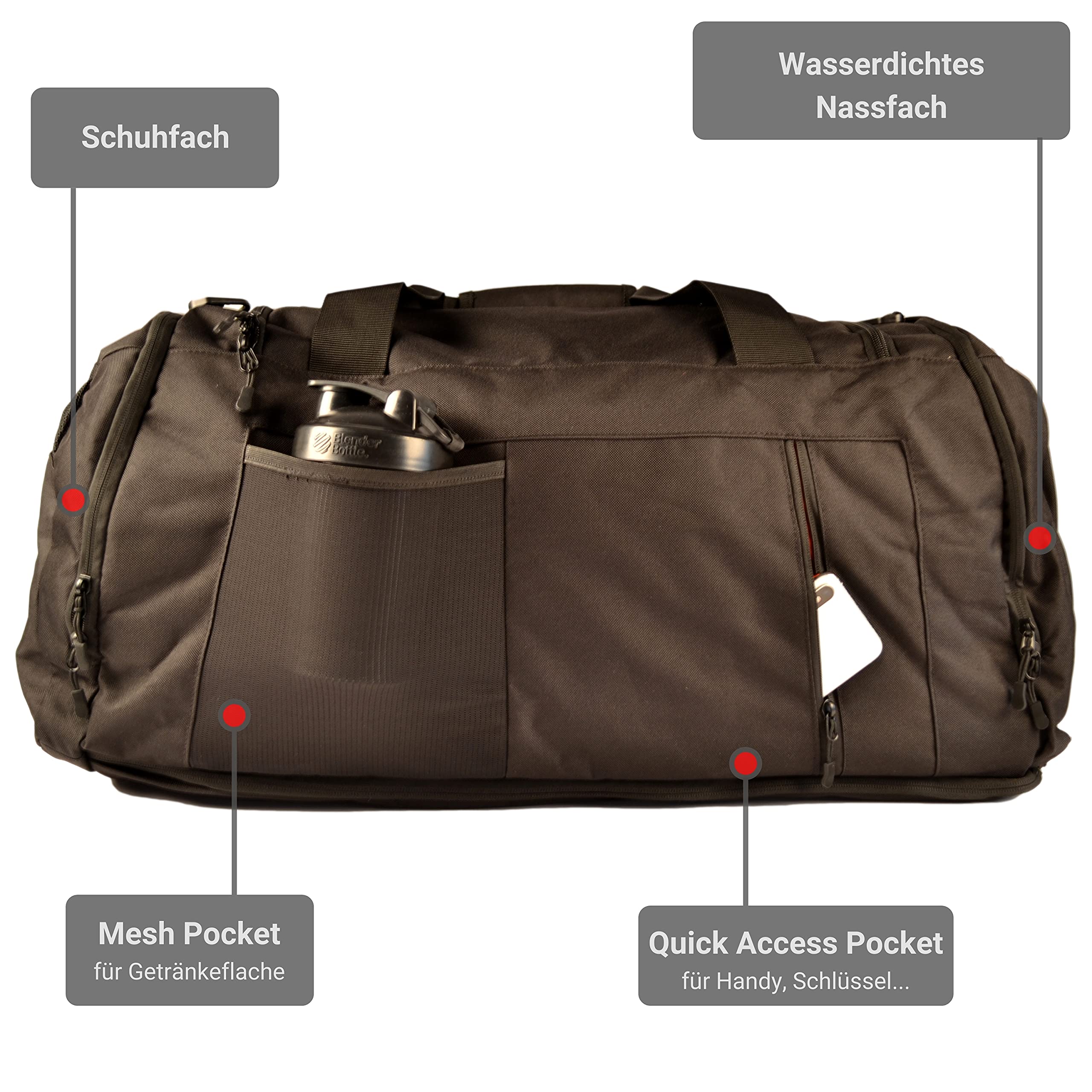 Ultimate Sportbag – Sporttasche mit Schuhfach, 70L, Schwarz | Herren & Damen | Rucksackfunktion | Nassfach | Sport, Reise, Gym | recyceltes PET | 12 Fächer