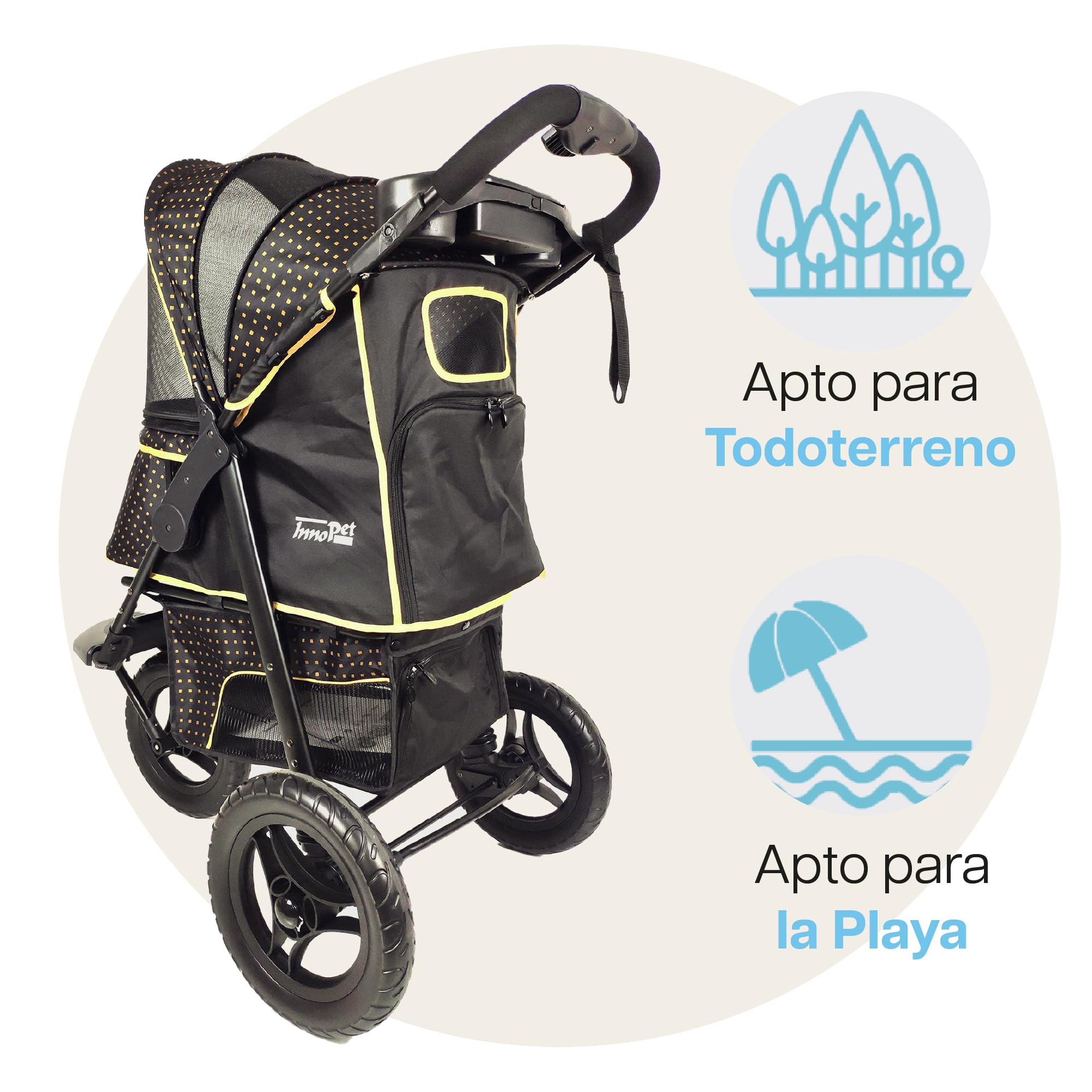 Innopet Adventure negro/amarillo - Cochecito todoterreno para perros hasta 30kg, ruedas EVA antipinchazos de 12”, plegado rápido, portavasos y cesta amplia