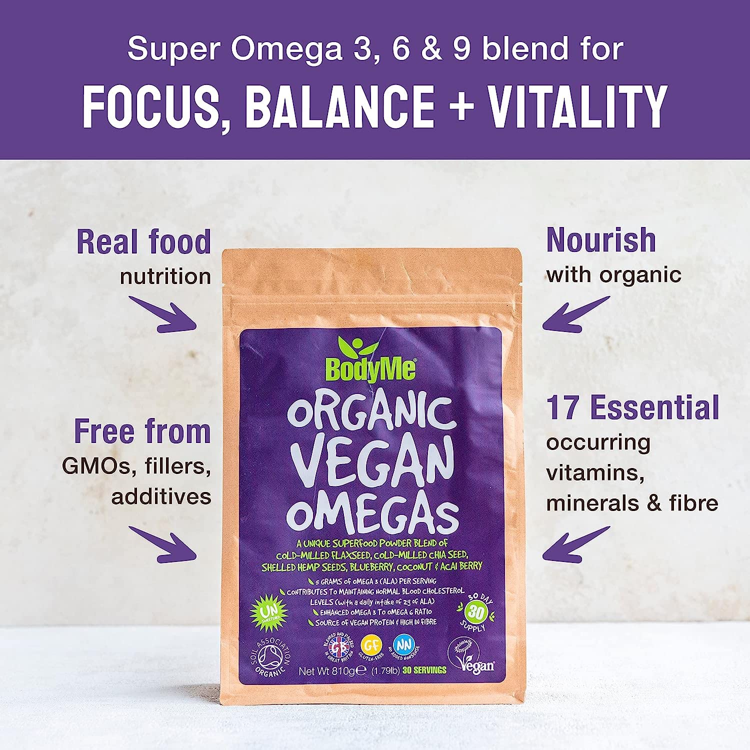 BodyMe Biologico Vegan Omegas Polvere | 810g | Miscela Di Vegan Omega 3 6 9 | Con Semi Di Lino Macinati Semi Di Chia Macinati Semi Di Canapa Mirtillo Cocco Bacche Di Acai