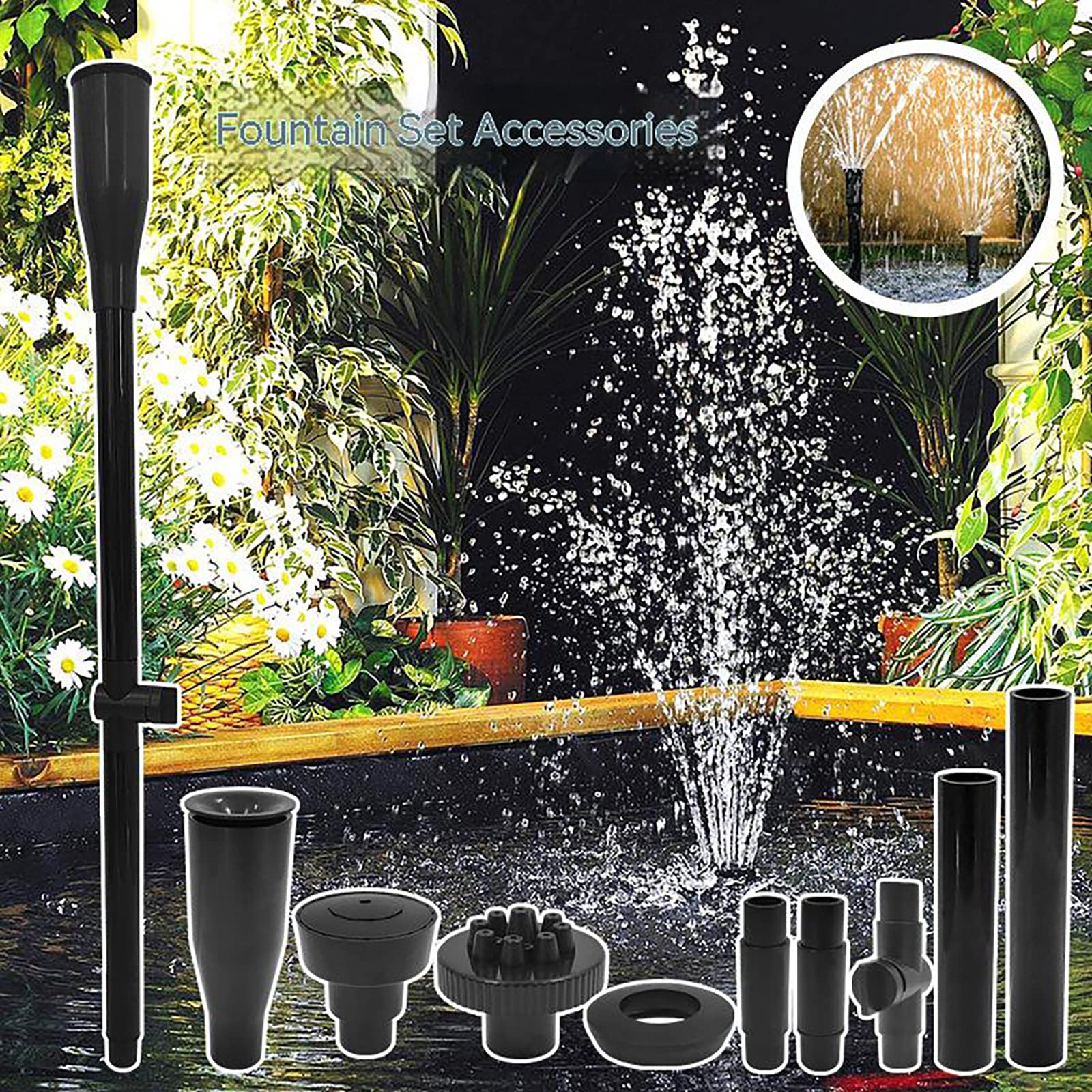 Fontana Pompa Ugello Set Regolabile Altezza Cascata Spruzzatore per Pompa Sommergibile Nero
