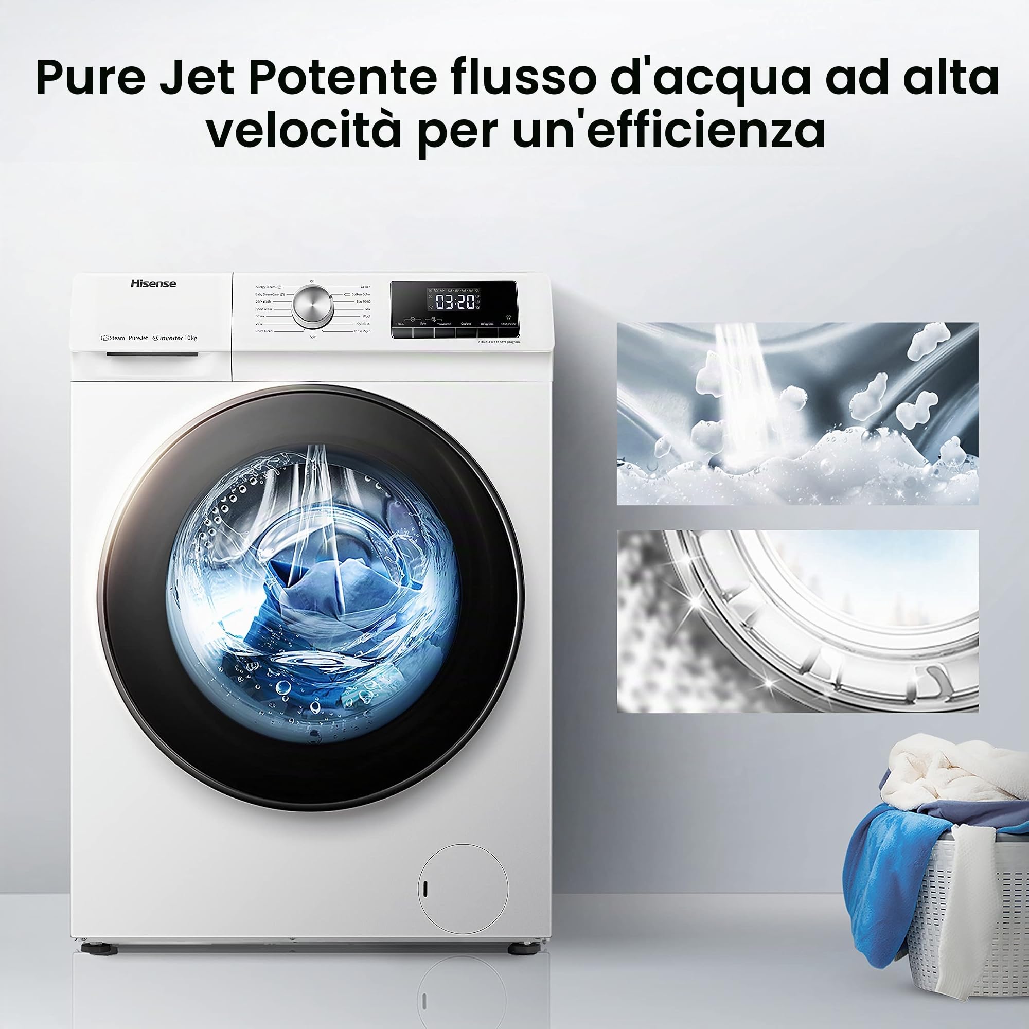 Hisense WFQA1014EVJM Lavatrice con funzione vapore/10 kg/AquaStop /1400 giri/min /15 programmi/Inverter PowerDrive Motor/Tamburo in acciaio inox/Sicurezza bambini/Pulizia del tamburo/Bianco
