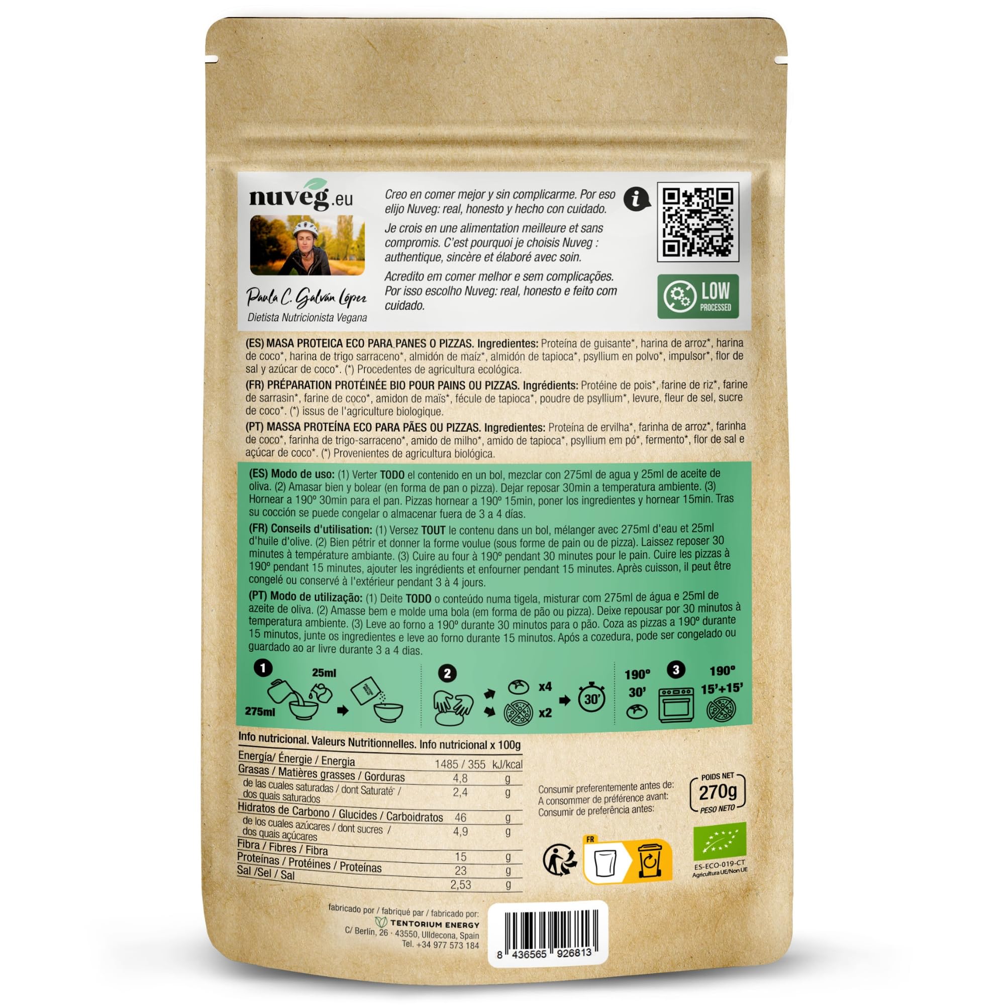 NUVEG Masa Proteica Ecológica para Panes o Pizzas, Vegano, Preparado para Pan Proteico y Masa de Pizza, Harina Panificable Sin Gluten, Sin Lactosa, Contiene Harina de Trigo Sarraceno, Pack 2, 540g