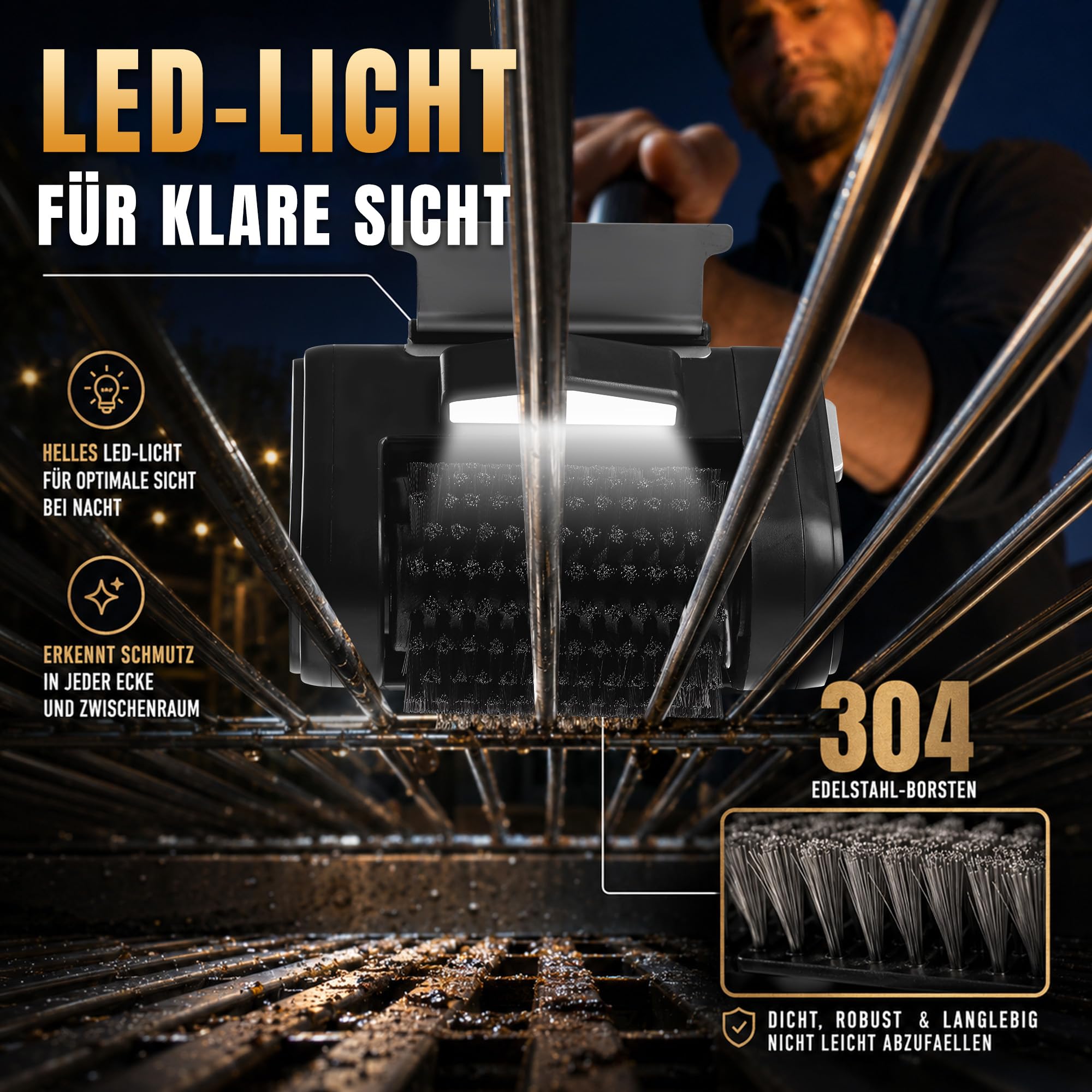 Elektrische Grillbürste Kabelloser mit LED-Licht & Führungsrolle, Schaber | 4000mAh Akku für 180-240 min Laufzeit, 500 RPM Hochleistung, BBQ Reinigungsbürste für Gasgrill Gussrost Elektrogrill