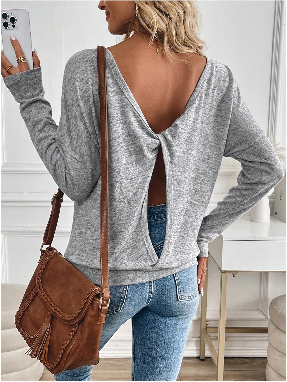 SOLY HUX Women's Twist Open Back Tops Cut Out Tee Backless Casual Long Sleeve Round Neck T Shirt Pure Grey Large - Image 4