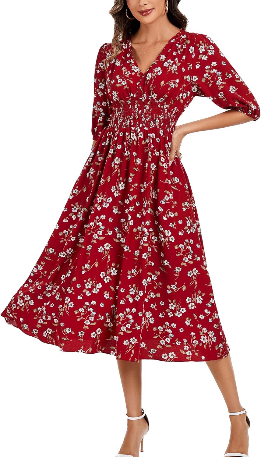 Kormei Women Casual Boho V Neck 3/4 Sleeve Smocked Waist A Line Flowy Swing Midi Dress Smocked Long Dress