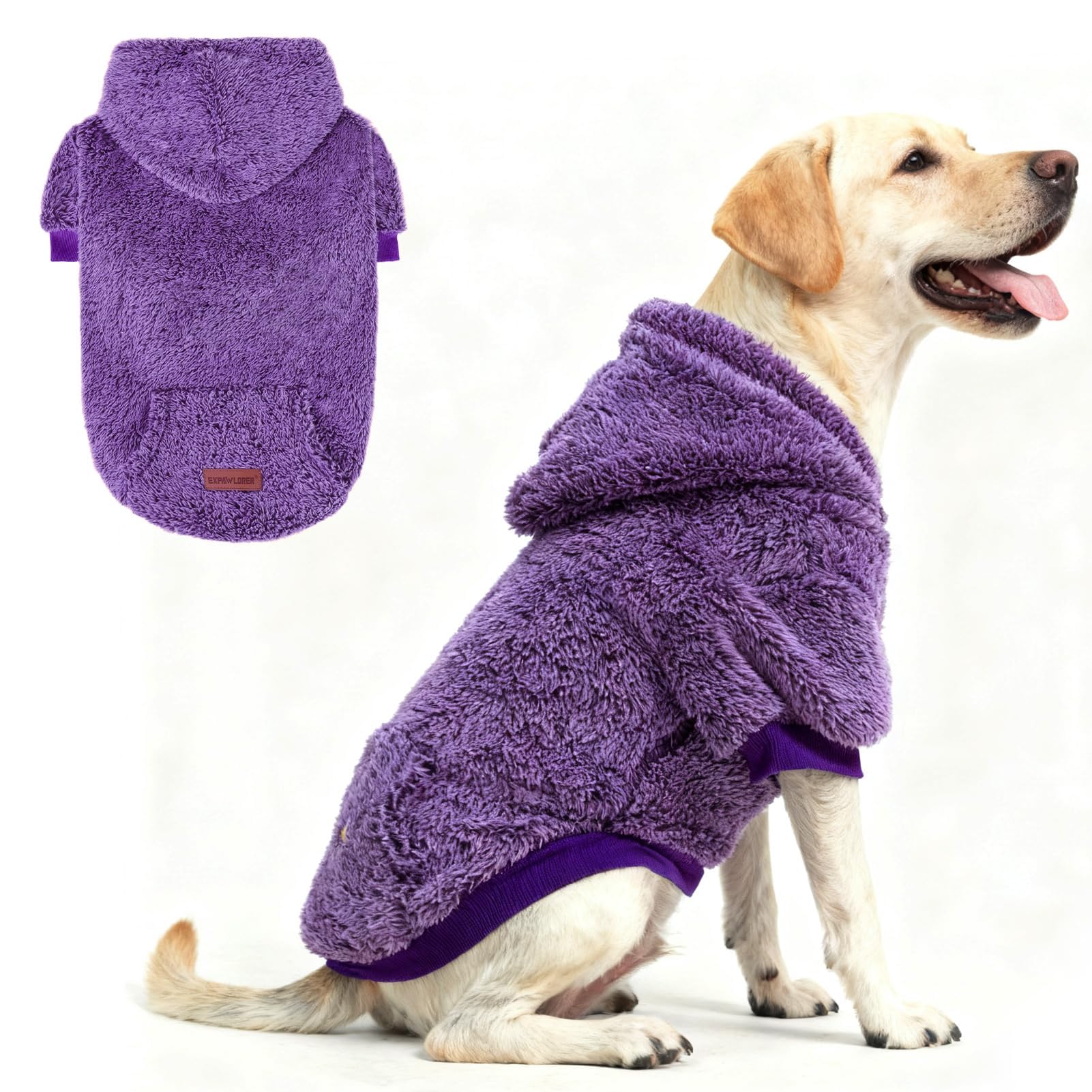 EXPAWLORER Fuzzy Sweaters, Double-Sided Plush Fleece Soft Dog Hoodie - Winter Coat, Sherpa Hooded Sweatshirt for Small to Large Dogs (Purple L)