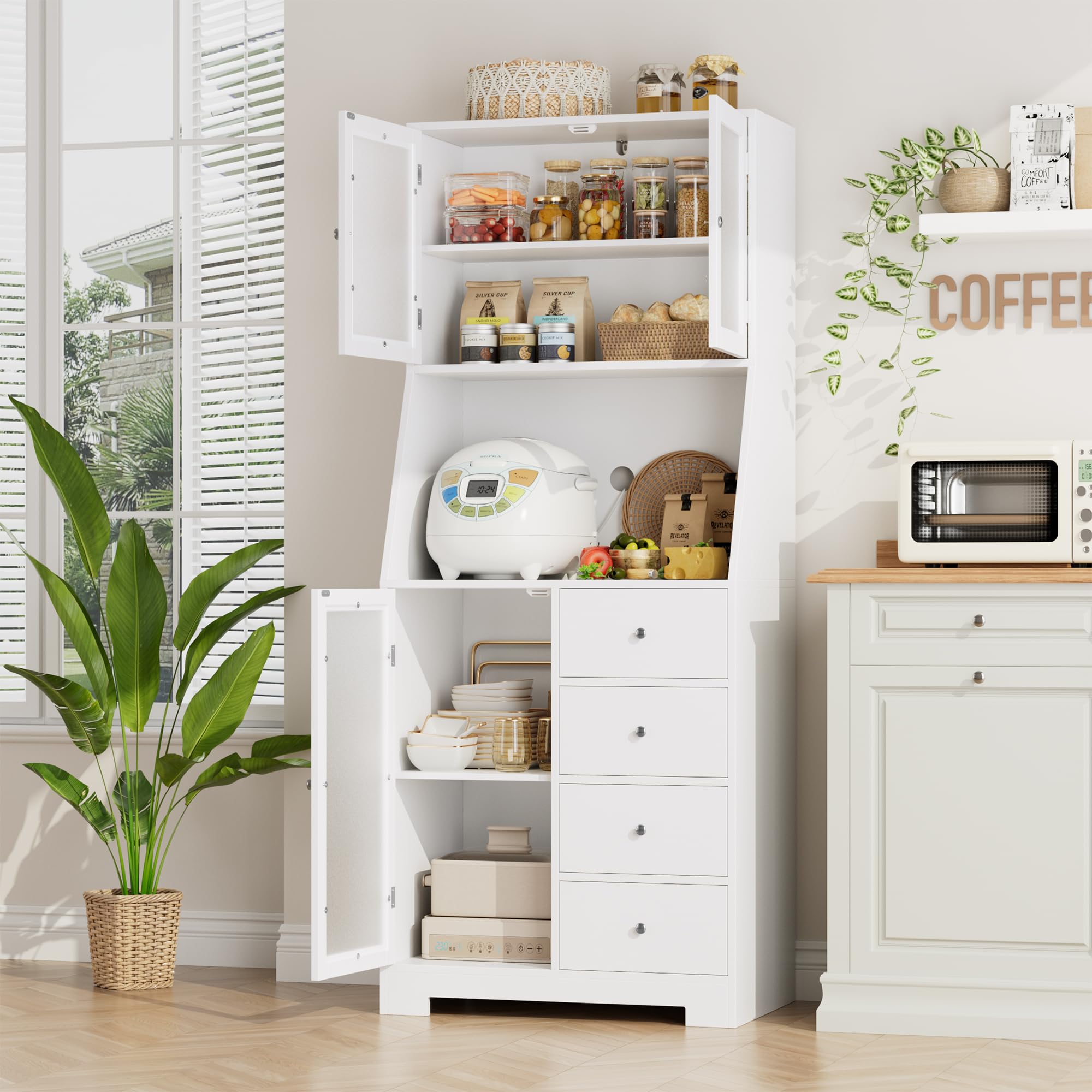 Armoire Portes Verre Armoire Cuisine 3 Portes Verre Dépoli Avec 4 Tiroirs -  Buffet Rangement 160cm Blanc Moderne Rangement Cuisine Pratique, image size:2000x2000