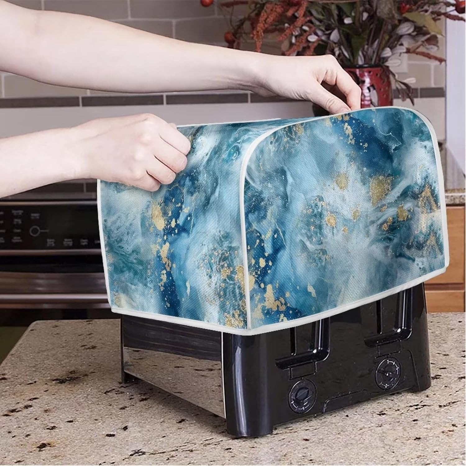 ZDCUSTOM Blue Marble Toaster Cover Dust for Kitchen, Quilted 4 Slice Toaster Appliance Dustproof Fingerprint Protectors and Greasy Protection Anti-sputtering Machine image 2