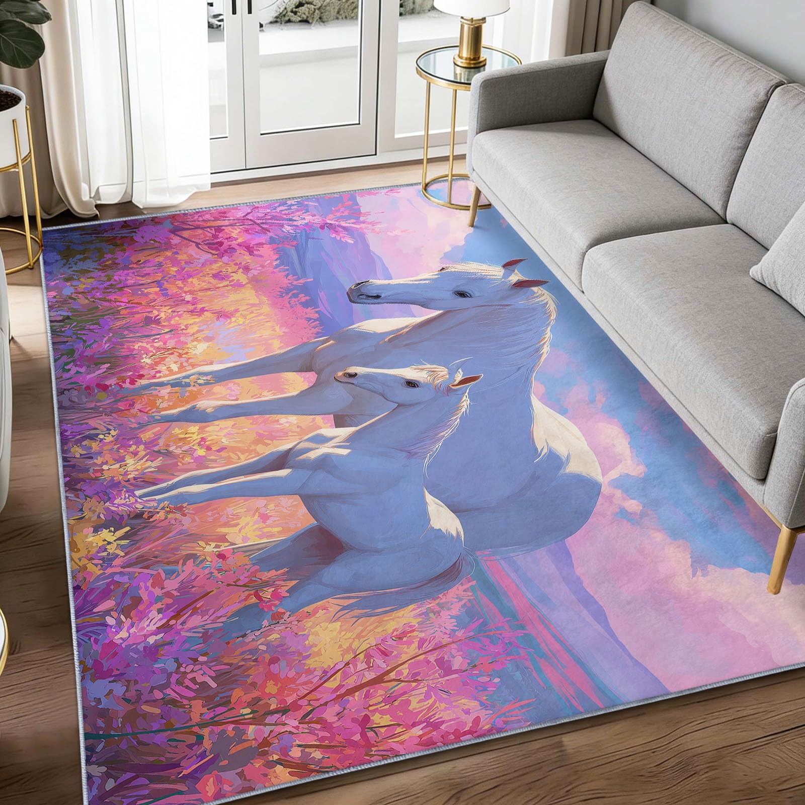 Tapis salon moderne poils courts fleur de dessin animé cheval blanc 140x200