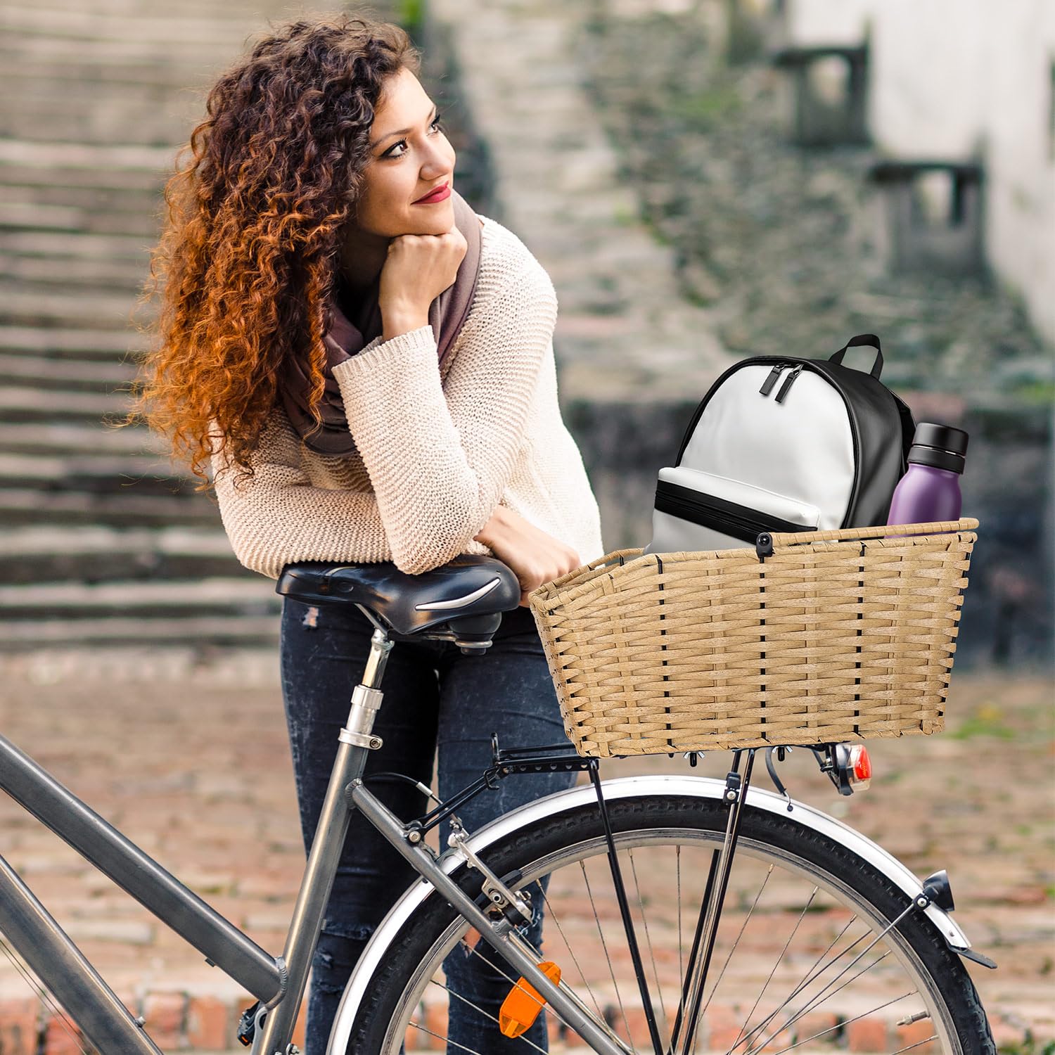 ANZOME Panier de vélo arrière avec housse étanche et panier à bagages - Grand porte-bagages - Panier pour l'arrière - Accessoires de vélo - En polyrotin