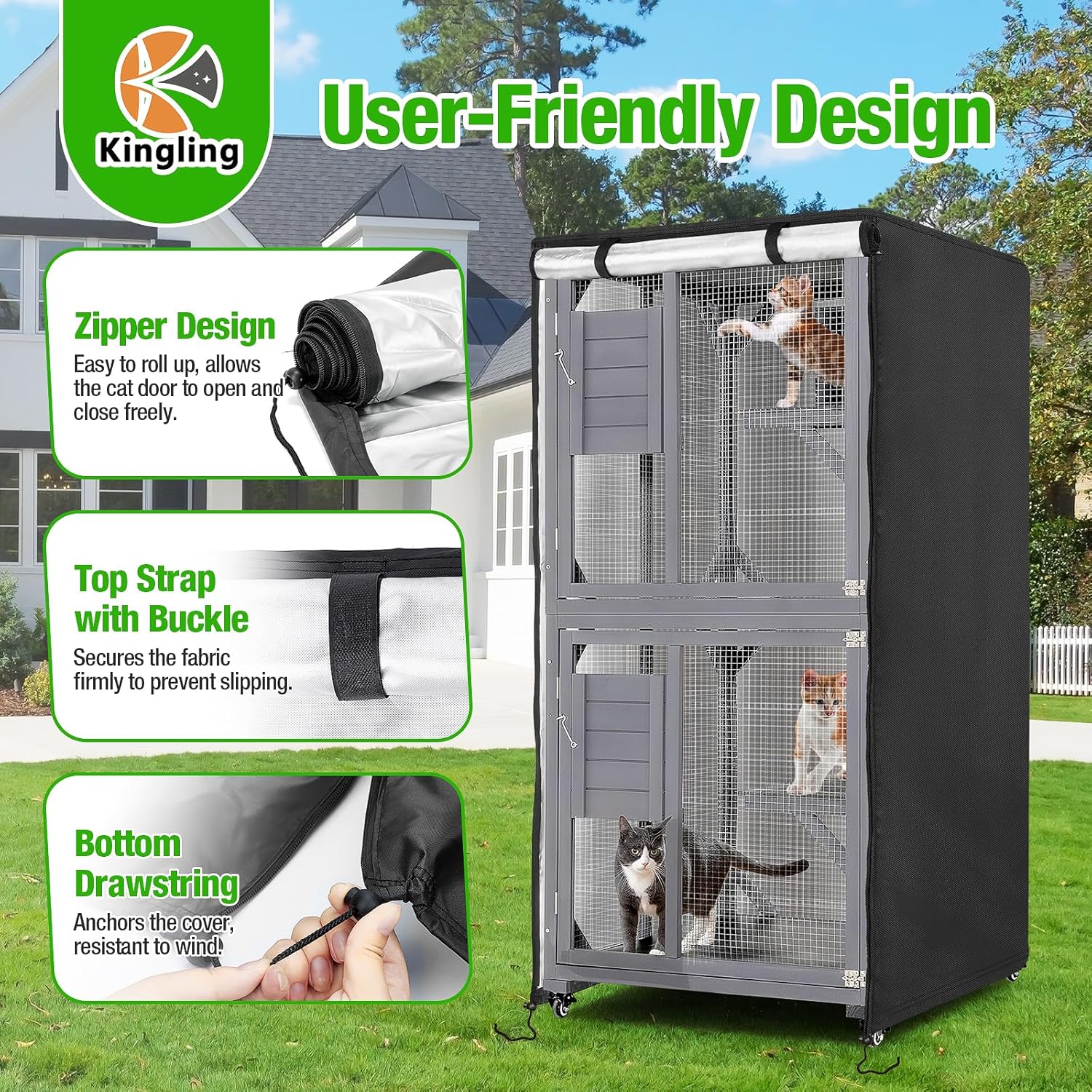 Kingling Outdoor Cat House Cover, Waterproof and Dustproof Protection Cover for Large Cat Cage Condo/Cat House Cover Black(Cover Only) - 32" L x 32" W x 71" H inch