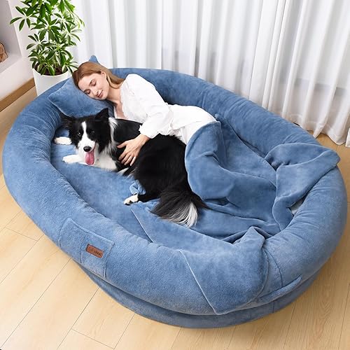 Miniatura 1 de Cama humana para perros adultos, tamaño ortopédico lavable, de 71 x 51 x 12 pulgadas, piel sintética extraíble, acogedor regalo grande con manta y