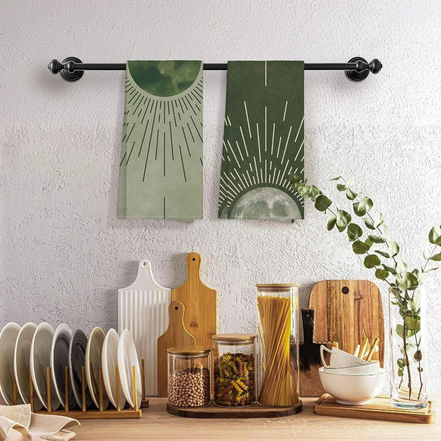Vintage Sage Green Boho Sun and Moon Kitchen Towels Decorative 16x24, Abstract Minimalist Sunshine Dish Towels Cloths Dishcloths Tea Towel Gifts, Bohemian Bathroom Kitchen Hand Towel Decor image 5