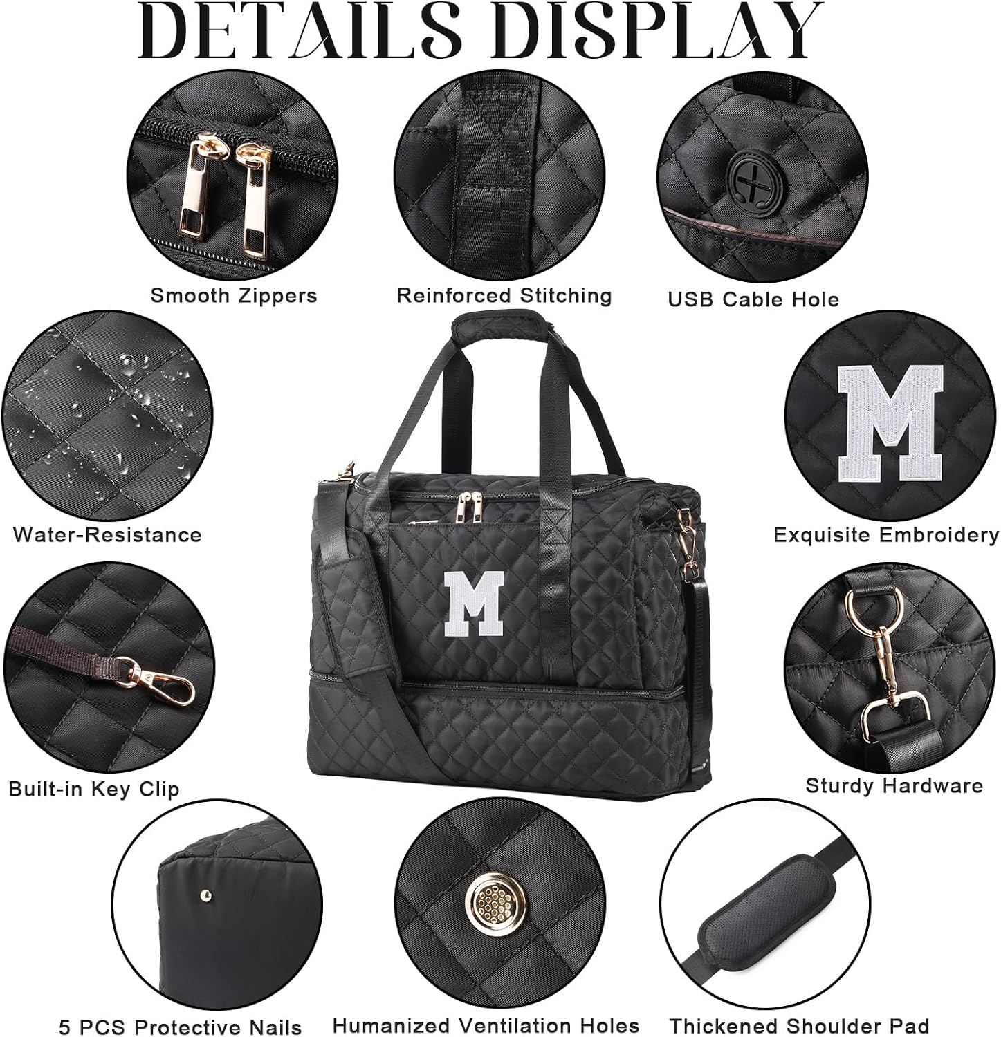 Personalized Initial Travel Bag, Quilted Duffle Bag, Weekender Bag for Women with Cosmetic Bag, Gym Bag with Shoe Compartment, Carry on Overnight Bag, Hospital Bag for Labor Delivery (Black, M)