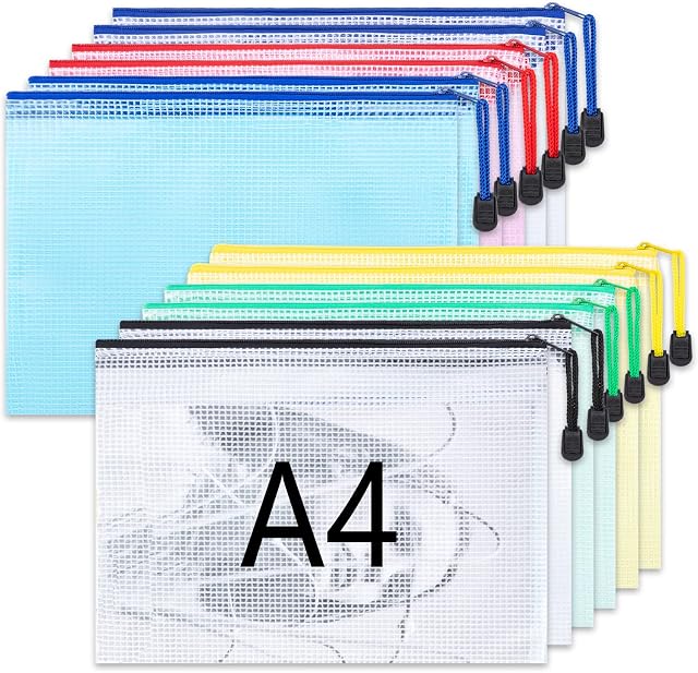 A4 Plastic Wallets 12 Pcs Zip Lock Bags Document Wallet Folders Plastic Pockets with Zipper for School Office Homework Travel,Puzzles Cosmetics Cross Stitch and Games Storage
