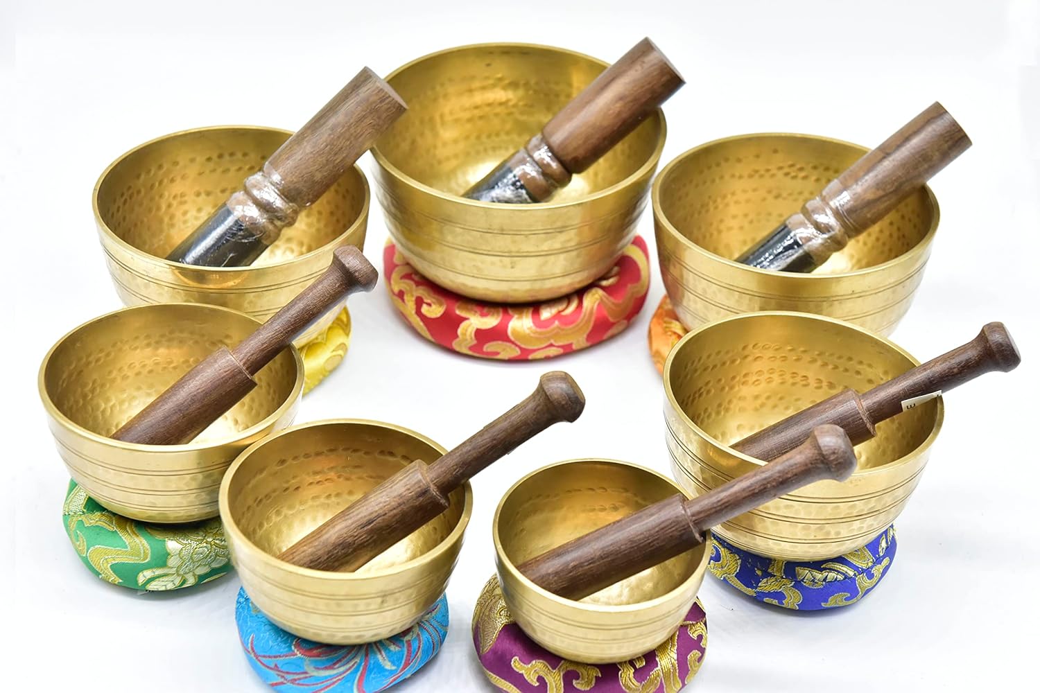 Set of 7 Chakra singing bowl- All in one- Handmade, healing bowls from Nepal-Meditation Bowl,Healing, Great for Meditation, Yoga, Sound Bath, Mindfulness, Relaxation ~ Cushion, Wooden Mallet