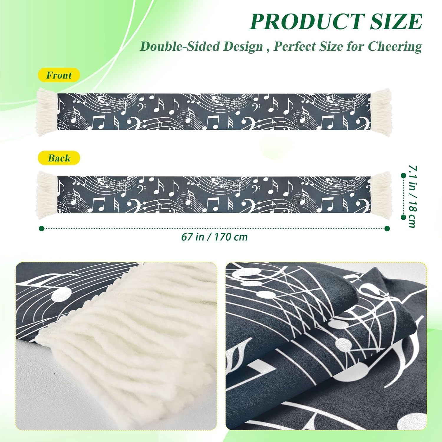 CHIFIGNO Note Black Sports Fan Scarf Towel, Soft Polyester Cheering Banner for Soccer Games, Quick Dry Sweat Absorbent