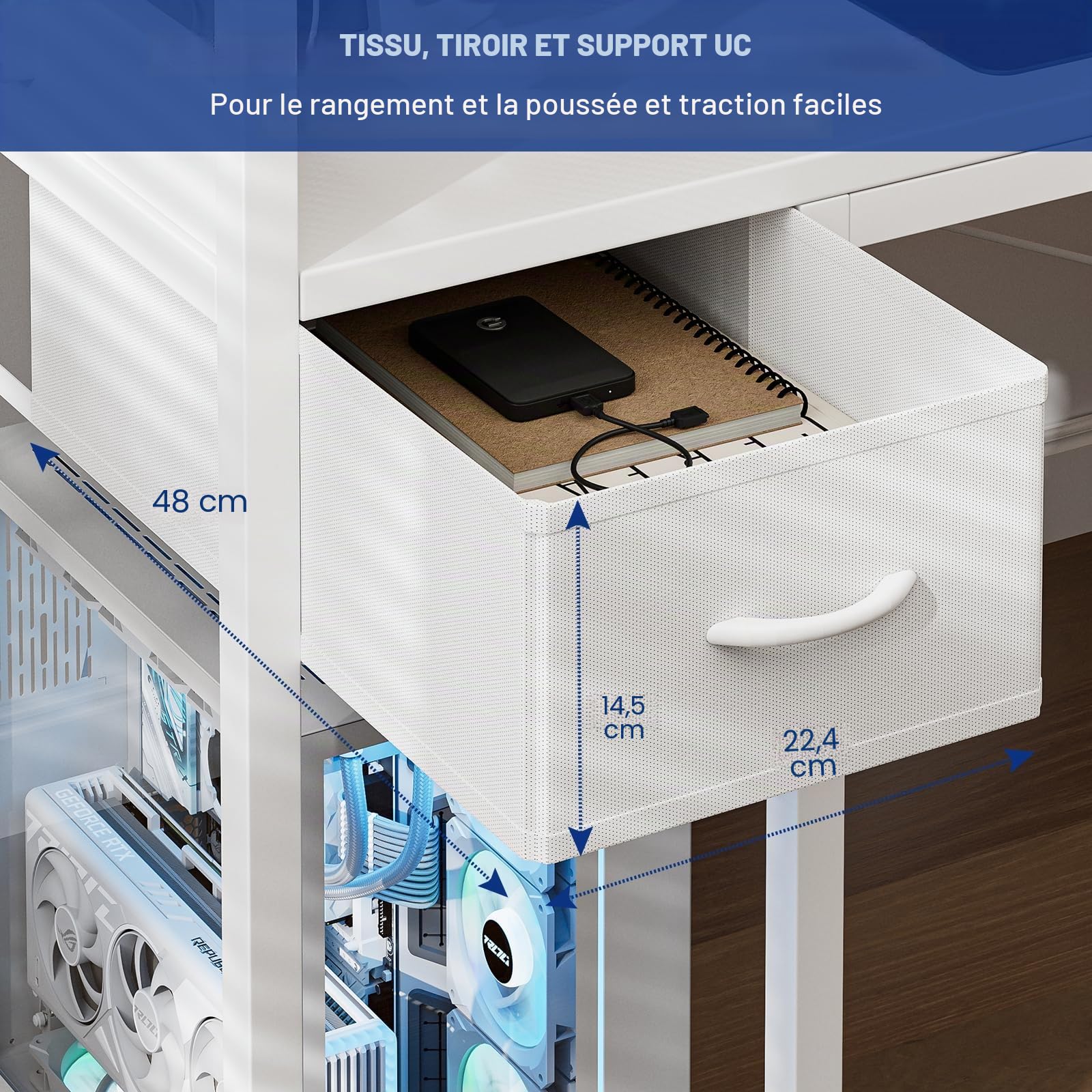 Grandder Bureau Gaming Réversible, 120x50 cm Bureau d'angle en L avec Port de Charge USB et Prise de Courant, Table Ordinateur avec Support d'écran pour Chambre Domicile Maison Blanc