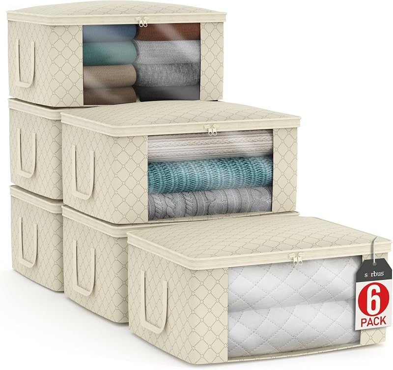 Sorbus Bolsas de almacenamiento de ropa medianas – Contenedores de almacenamiento plegables para organizar el dormitorio, armario, ropa, edredón, organización con ventana transparente, tapas y asas de transporte – Juego de 6