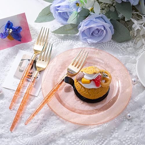Miniatura 5 de LIYH - 96 platos de plástico dorado rosa, tenedores de postre de plástico dorado, 48 platos de ensalada de plástico con purpurina dorada con 48