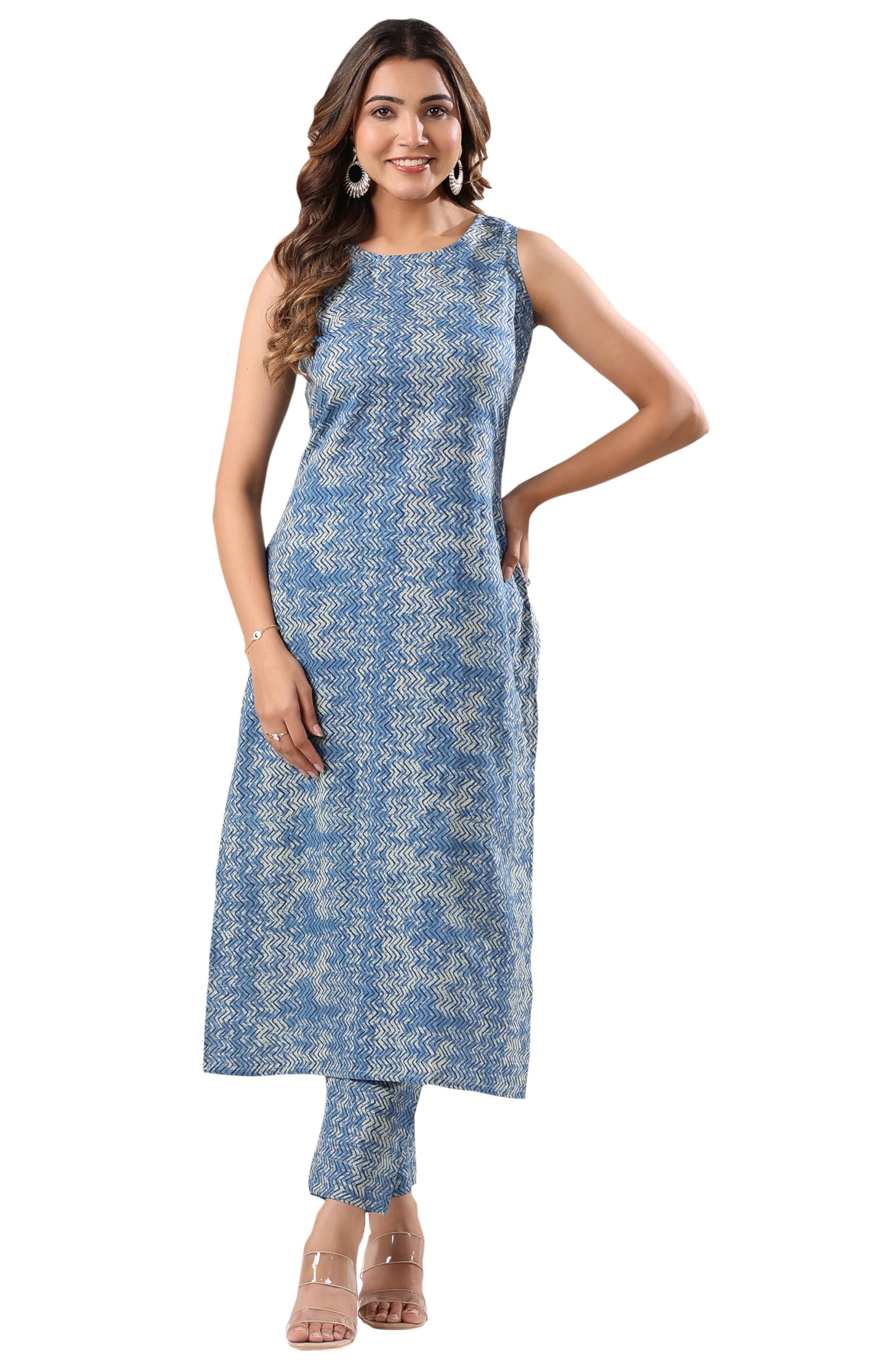 janasya Blue Chevron Kurta & Pant Set for Women Pure Cotton Fabric Latest Fashion-picture-20