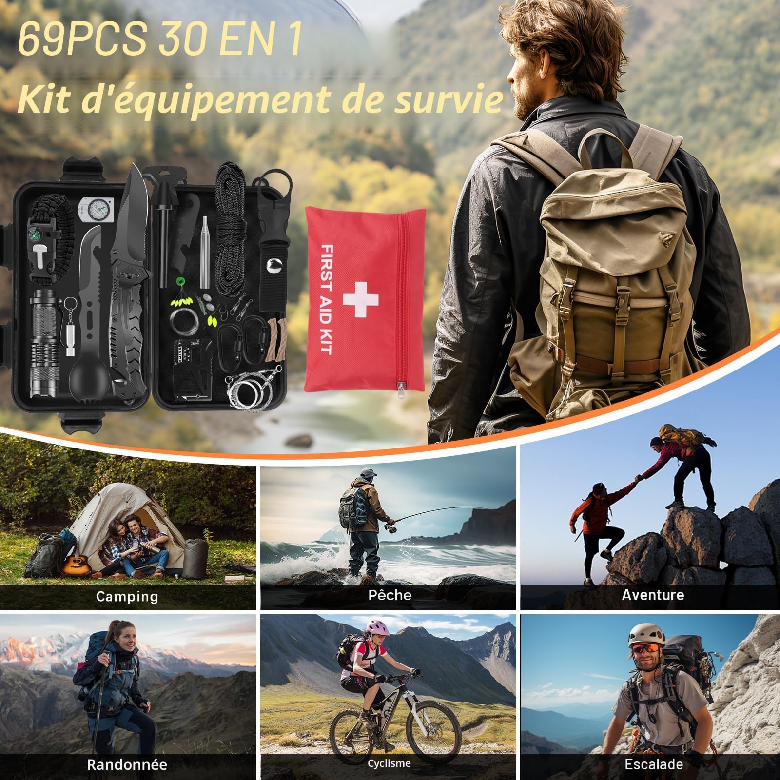 69 en 1 Kit de Survie d'urgence en Plein Air,Sac de Survie Complet,Kit de Survie Complet avec Couverture de Survie,Kit de Survie Militaire Complet pour Hommes Camping,Randonnée,Voyage Aventure