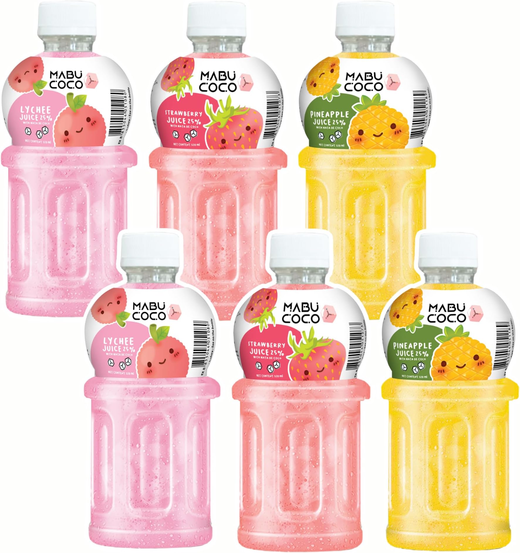 Mabu Coco Juice 25% with Nata De Coco | Refreshing Taste | Assorted Flavours | Pineapple, Lychee, Strawberry Juice (From Grape Juice Concentrate) | PACK OF 6 (320ml Each)