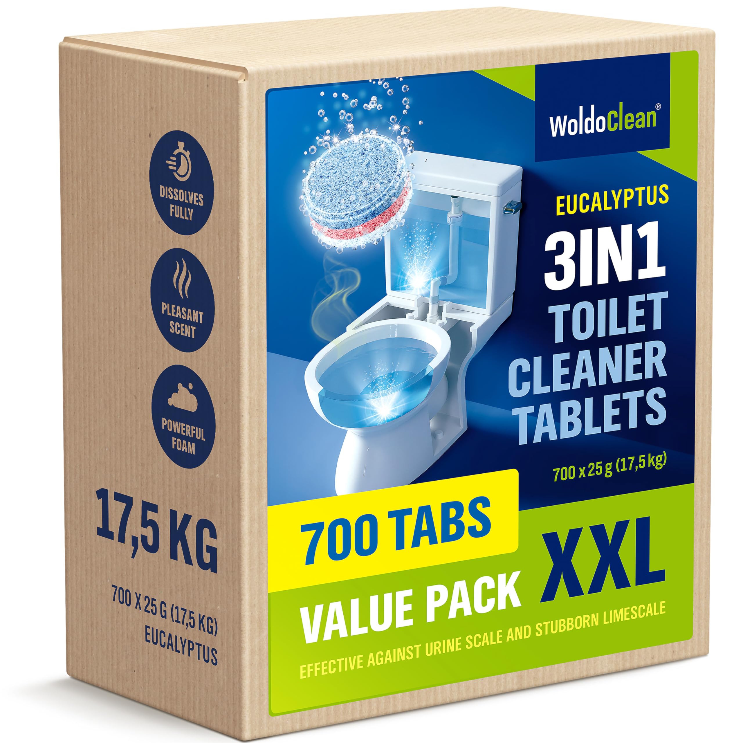 WoldoClean Pastillas de inodoro 3 en 1, eucalipto, 700 x 25 g, pastillas limpiadoras contra cal y piedra de orina para instalaciones sanitarias, urinarios y desagües