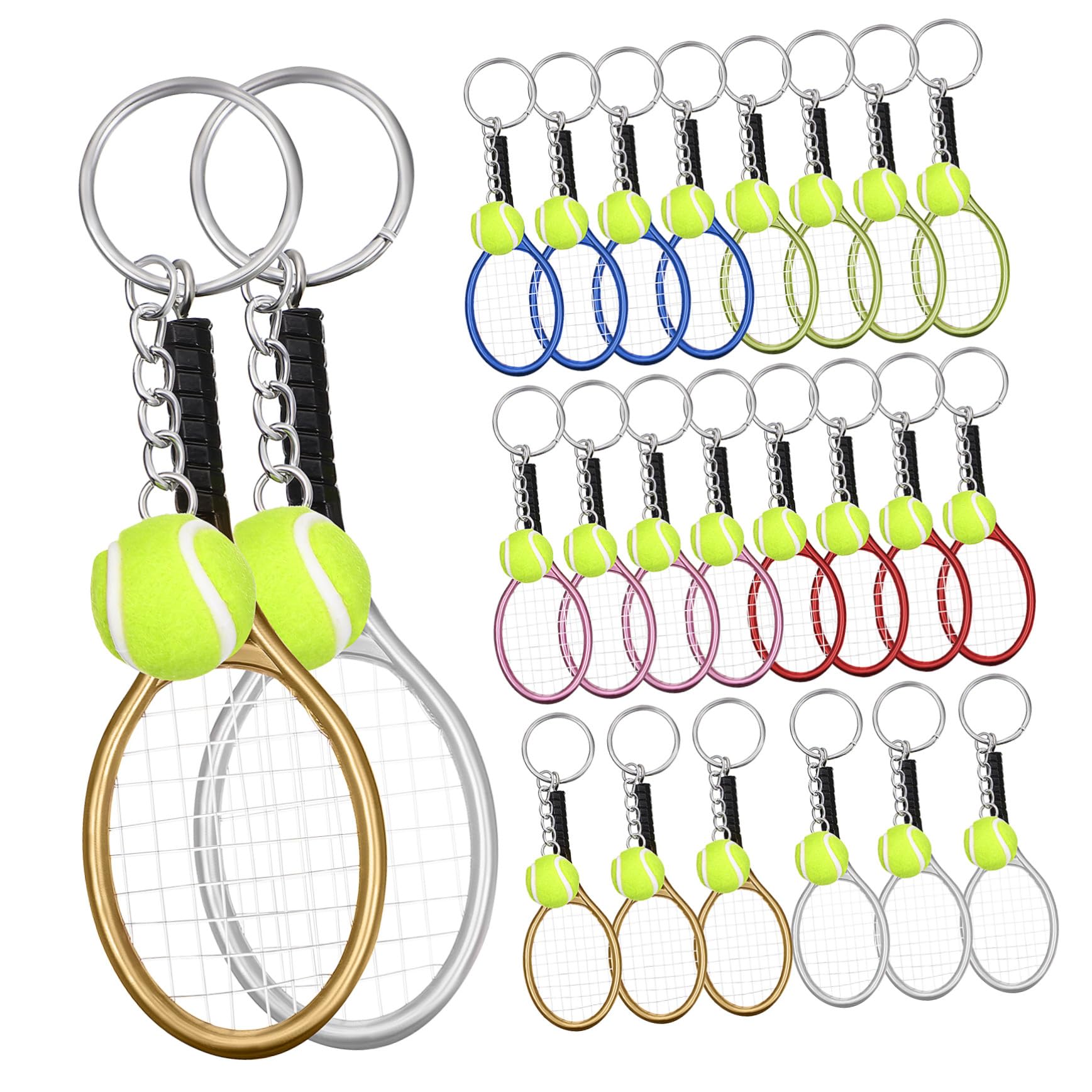 Llaveros Deportivos de Tenis Mini 24 Piezas Llavero de Raqueta y Pelota de Tenis de Plástico Flocado Colores Surtidos Rojo Azul Púrpura Verde Amarillo Plata Colgantes para Bolsos