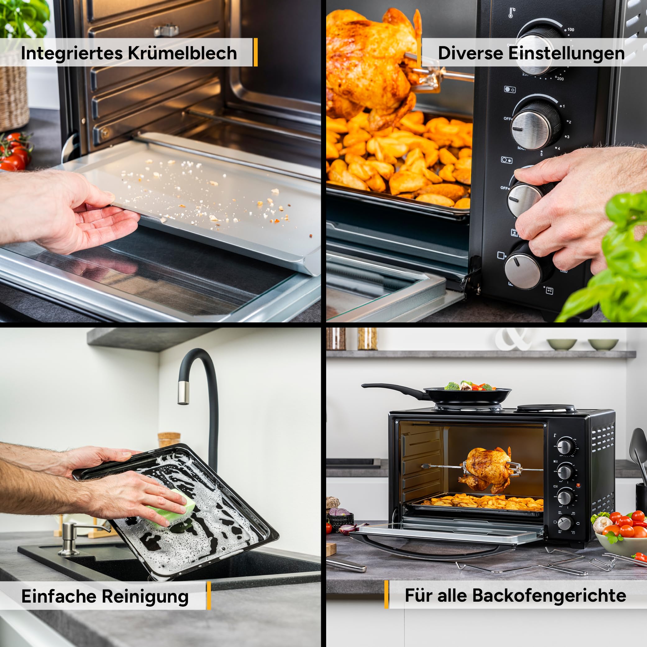 TZS First Austria - Minibackofen mit Kochplatten 60L 3200 W - Mini Backofen Pizzaofen mit Herdplatten bis 230°C & 6 Heizmodi - Miniofen Kombigerät mit 4 Einschubhöhen & hochwertigem Zubehör