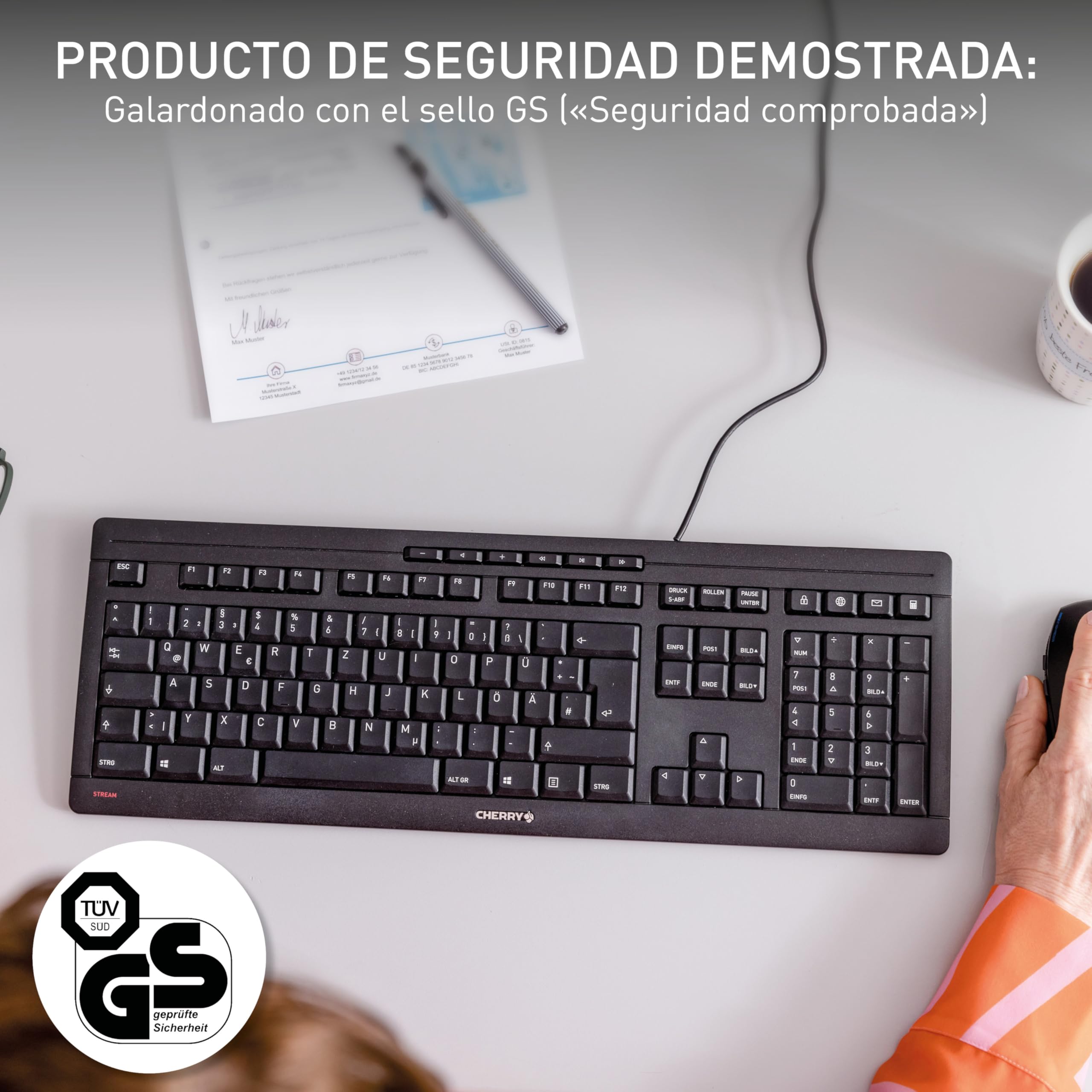 Cherry Stream Keyboard, Teclado con Cable, distribución de Teclado alemán (QWERTZ), Teclas silenciosas, Experiencia de tecleo única, diseño Plano, Negro