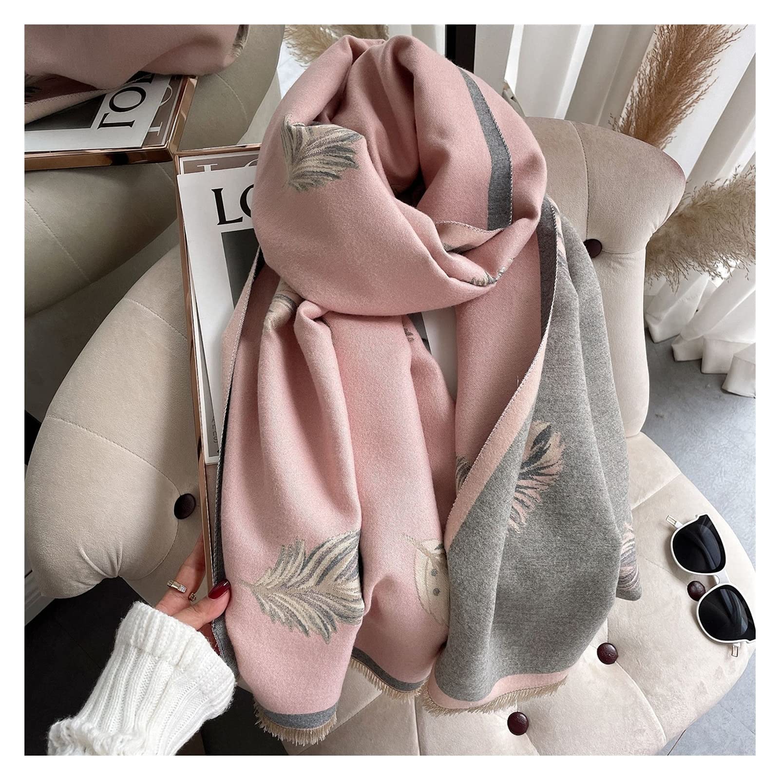 szalik z nadrukiem piór Damski szalik wełniany Zimowe szale Szale Okłady Koc Nowe ciepłe szaliki (kolor: khaki, rozmiar: 180-65cm) (różowy 180) (Khaki 180)