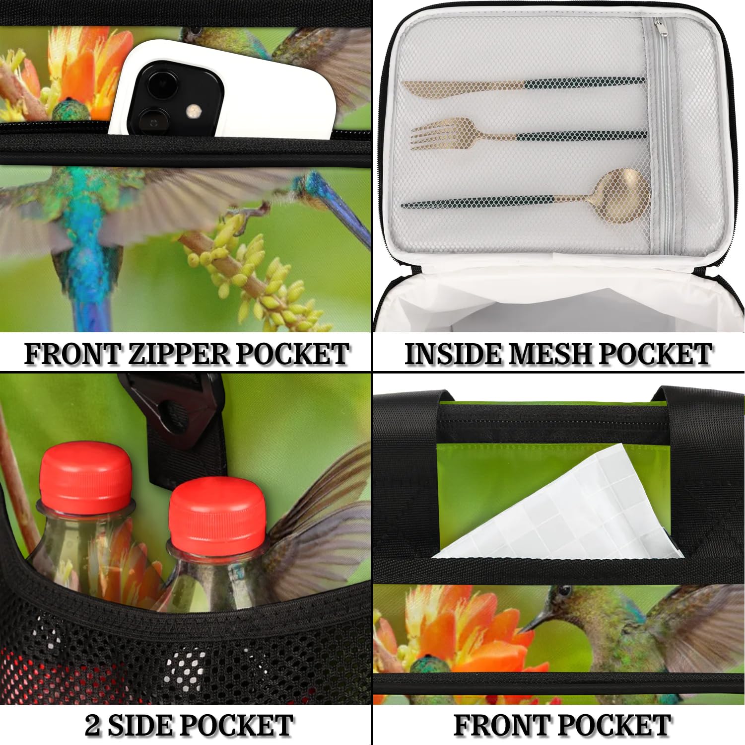 Große Lunchtasche mit Kolibri-Blume, für Erwachsene, Herren, Damen, Kinder, Mädchen, Jungen, isolierte Lunchbox, Kühltasche, Kühltasche, Kühltasche, Kühltasche, Kühltasche, für Arbeit, Picknick,
